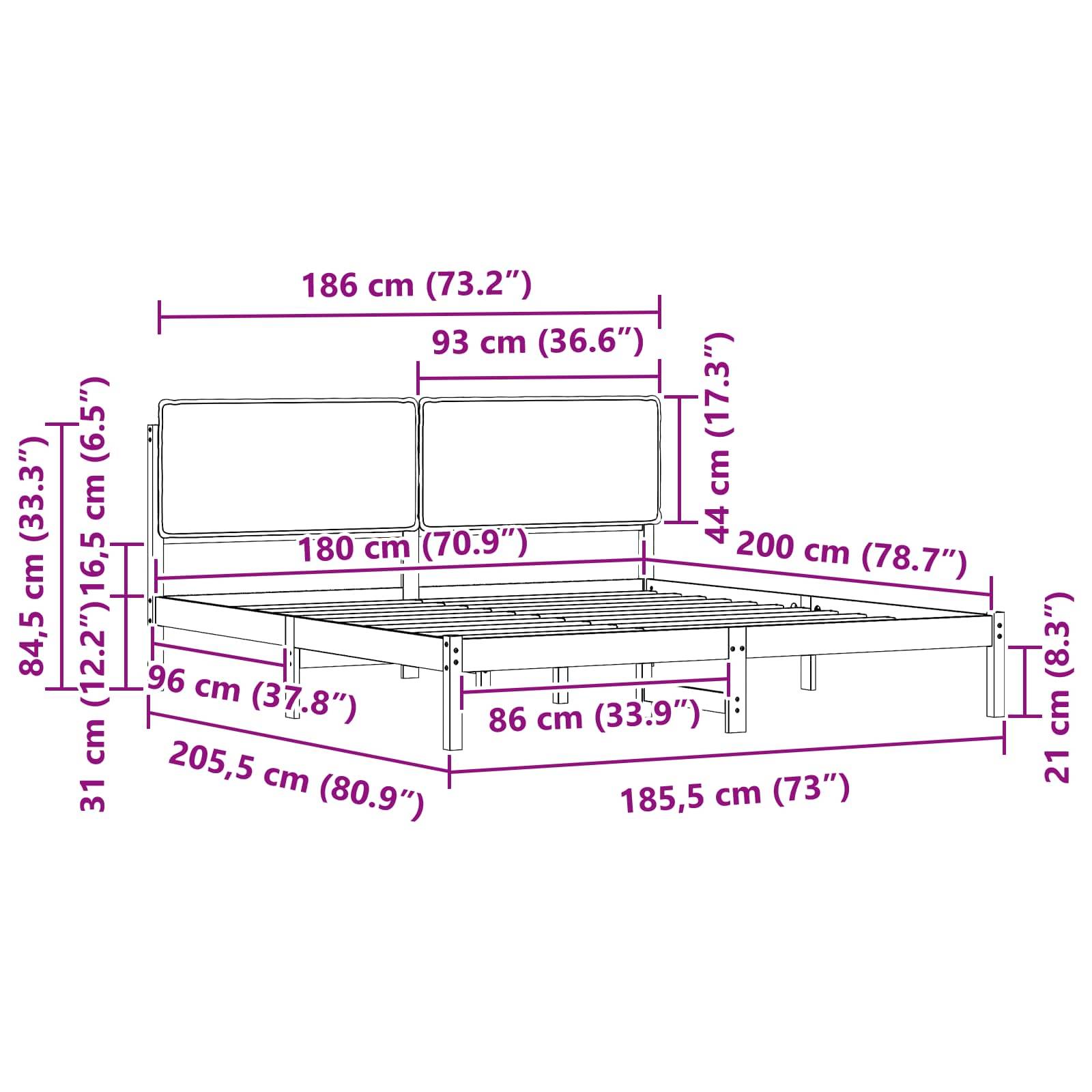 Eine Skizze eines Bettgestells mit Maßen: Höhe 84,5 cm, Breite 186 cm, Länge 205,5 cm, Kopfteilhöhe 44 cm, Matratzenmaß 180 cm.