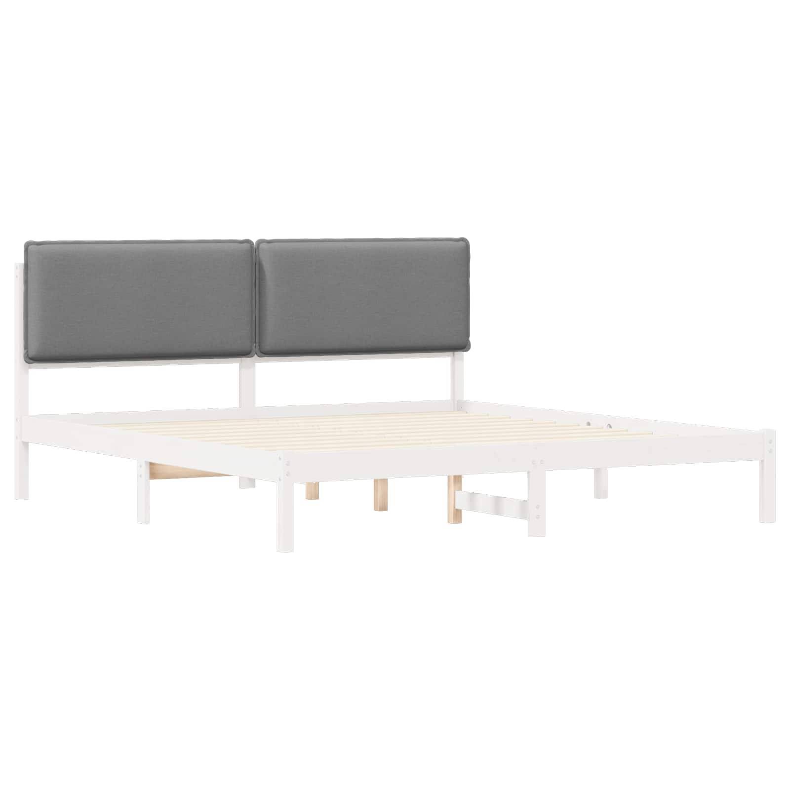 Weißer Bettrahmen mit minimalistischem Design und zwei grauen gepolsterten Kopfteilen. Keine Matratze oder Bettwäsche enthalten.