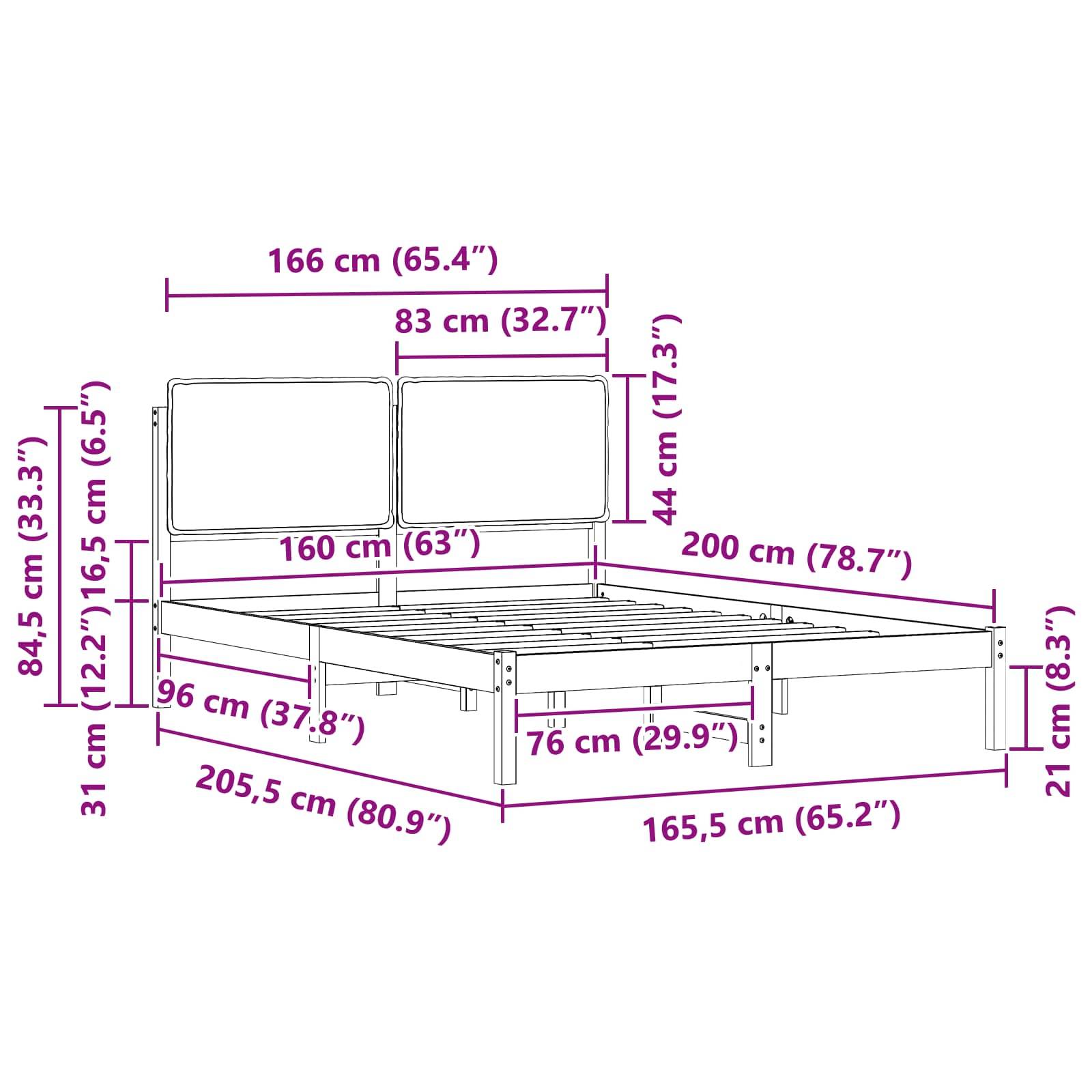 Bettrahmen-Abmessungen: 166 cm Breite, 200 cm Länge, 21 cm Höhe. Zusätzliche Maße für Kopfteil und Rahmenkomponenten sind dargestellt.