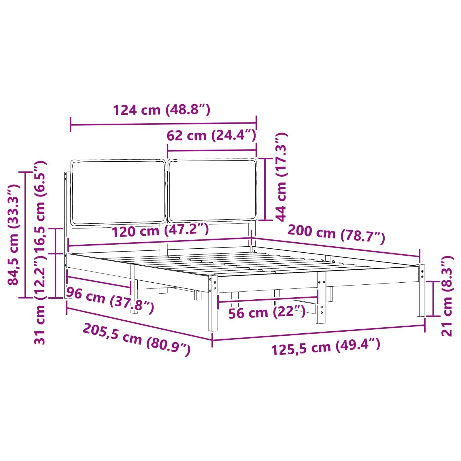 Abmessungen des Bettgestells: Länge 200 cm, Breite 120 cm, Höhe 84,5 cm. Zusätzliche Messungen umfassen Details zum Kopf- und Fußteil.