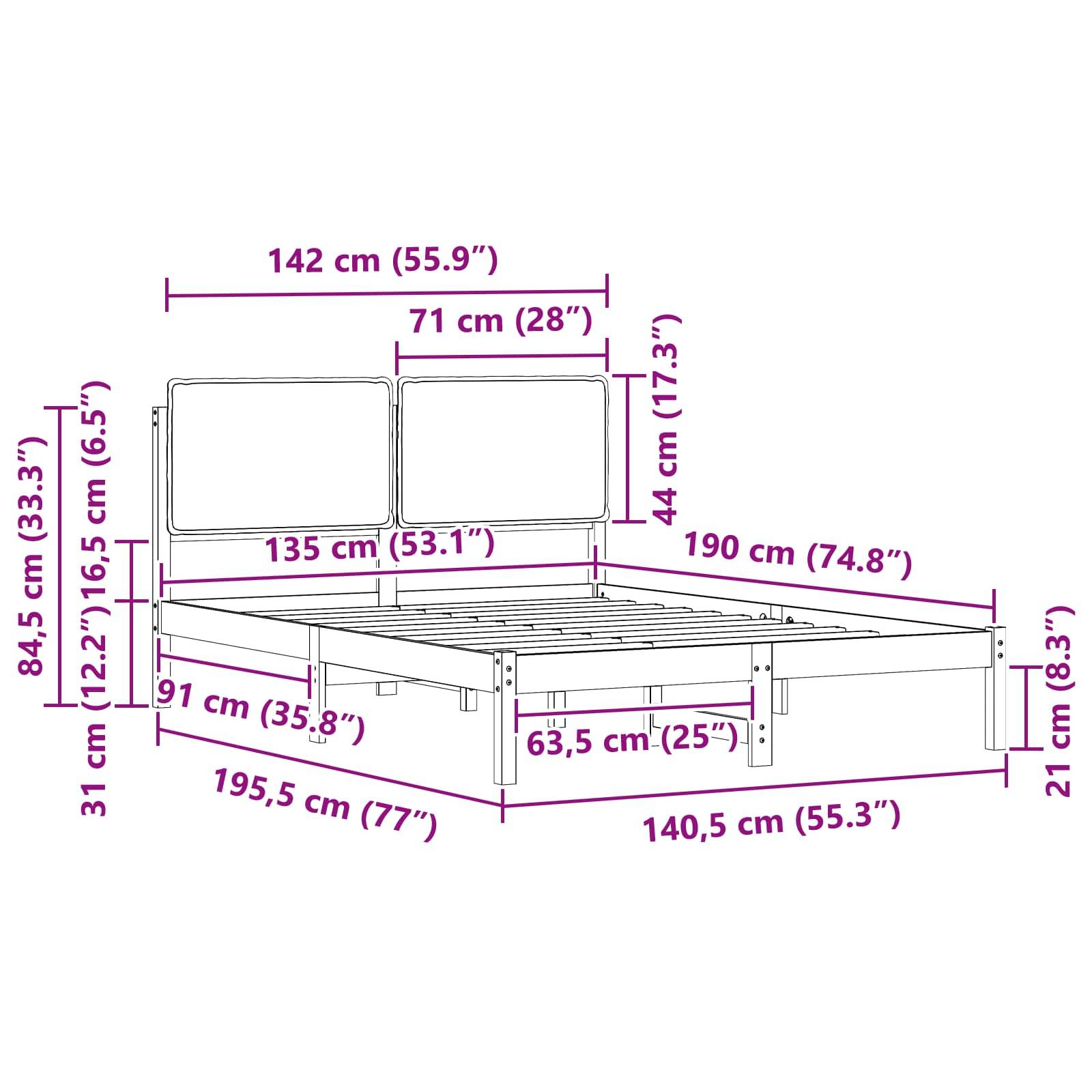 Darstellung eines Bettgestells mit Abmessungen: 142 cm breit, 190 cm lang und 84,5 cm hoch. Beinhaltet detaillierte Messungen der Komponenten.