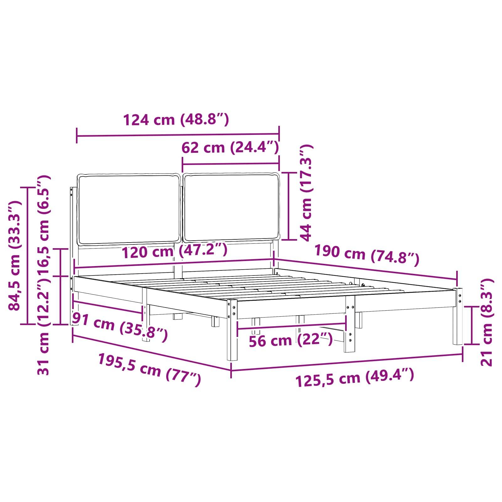 Bettrahmen-Abmessungen: 190 cm lang, 124 cm breit und 84,5 cm hoch. Inklusive Kopfteil mit 120 cm Breite und 62 cm Höhe.