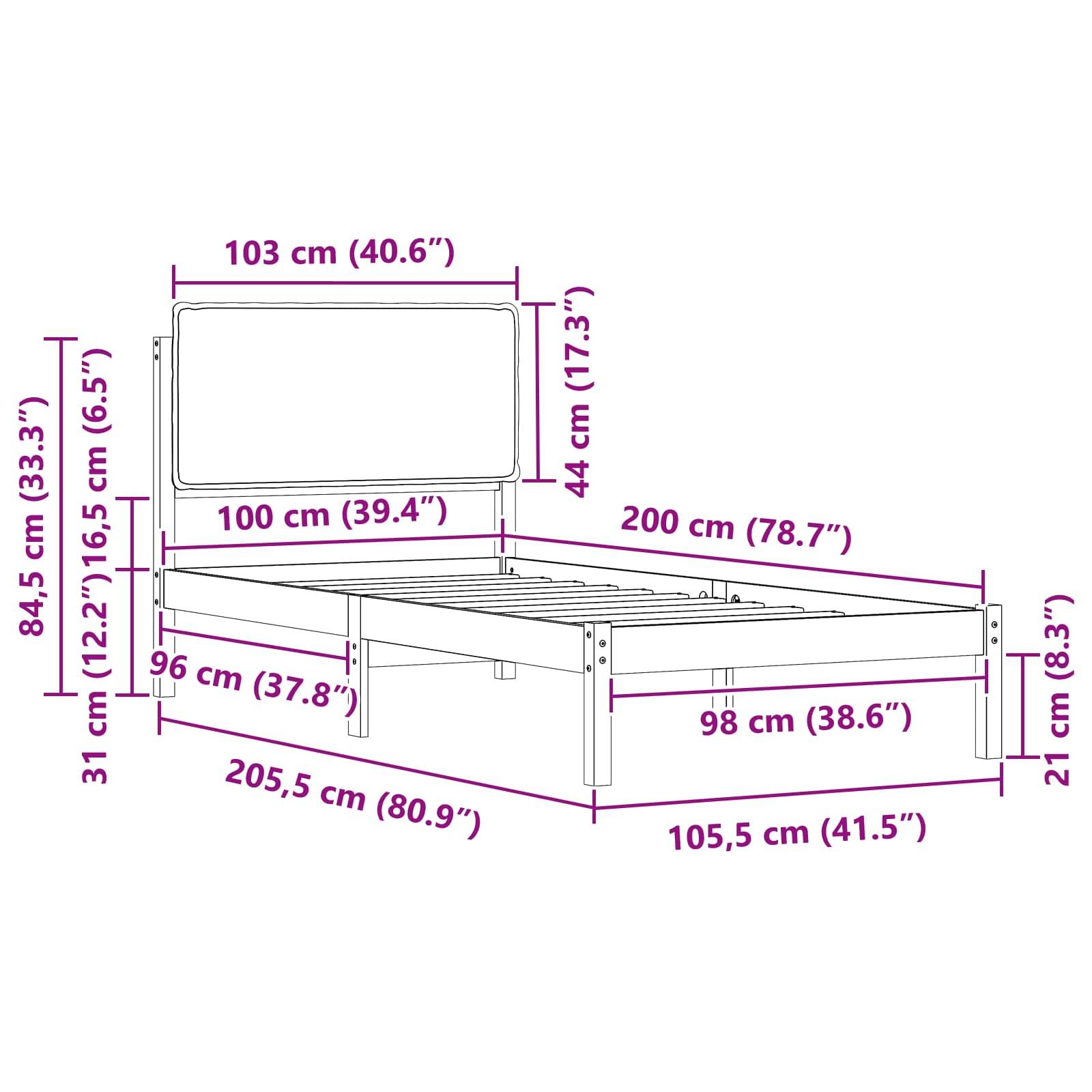 Diagramm mit Bettrahmenabmessungen: Breite 103 cm, Länge 200 cm, Höhe 84,5 cm; mit detaillierten Zusatzmessungen in cm und Zoll.