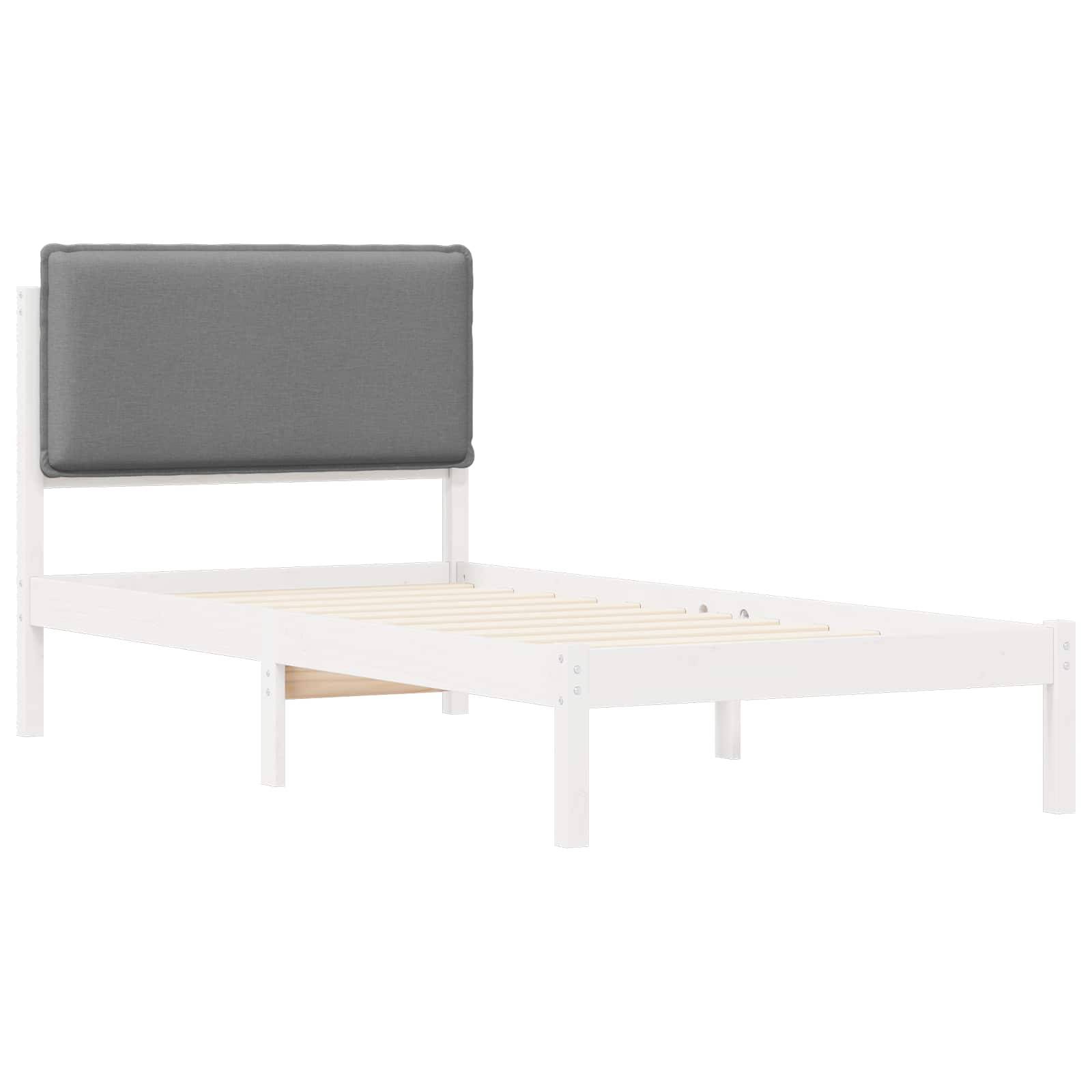Ein weißer Bettrahmen mit einem grau gepolsterten Kopfteil, der einfache, moderne Designlinien aufweist und eine Holzlattenunterlage zur Matratzenunterstützung besitzt.