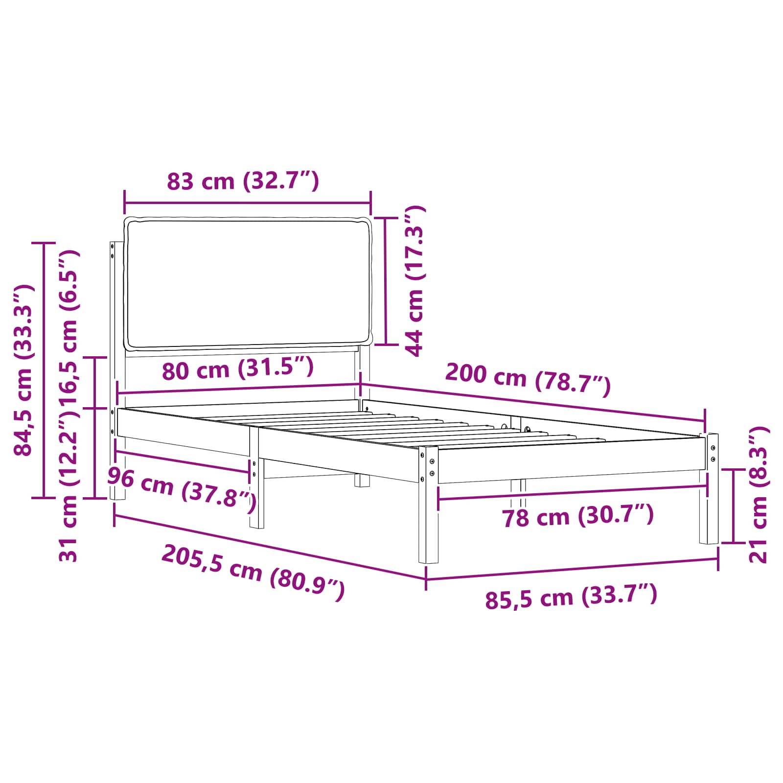Abmessungen eines Bettgestells sind angegeben: 205,5 cm lang, 85,5 cm breit, mit verschiedenen Höhenangaben für Komponenten sowohl in Zentimetern als auch in Zoll.
