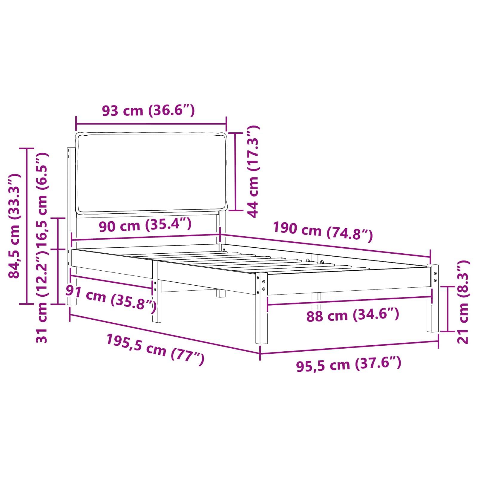 Bettabmessungen in Zentimetern und Zoll: 195,5 cm (77