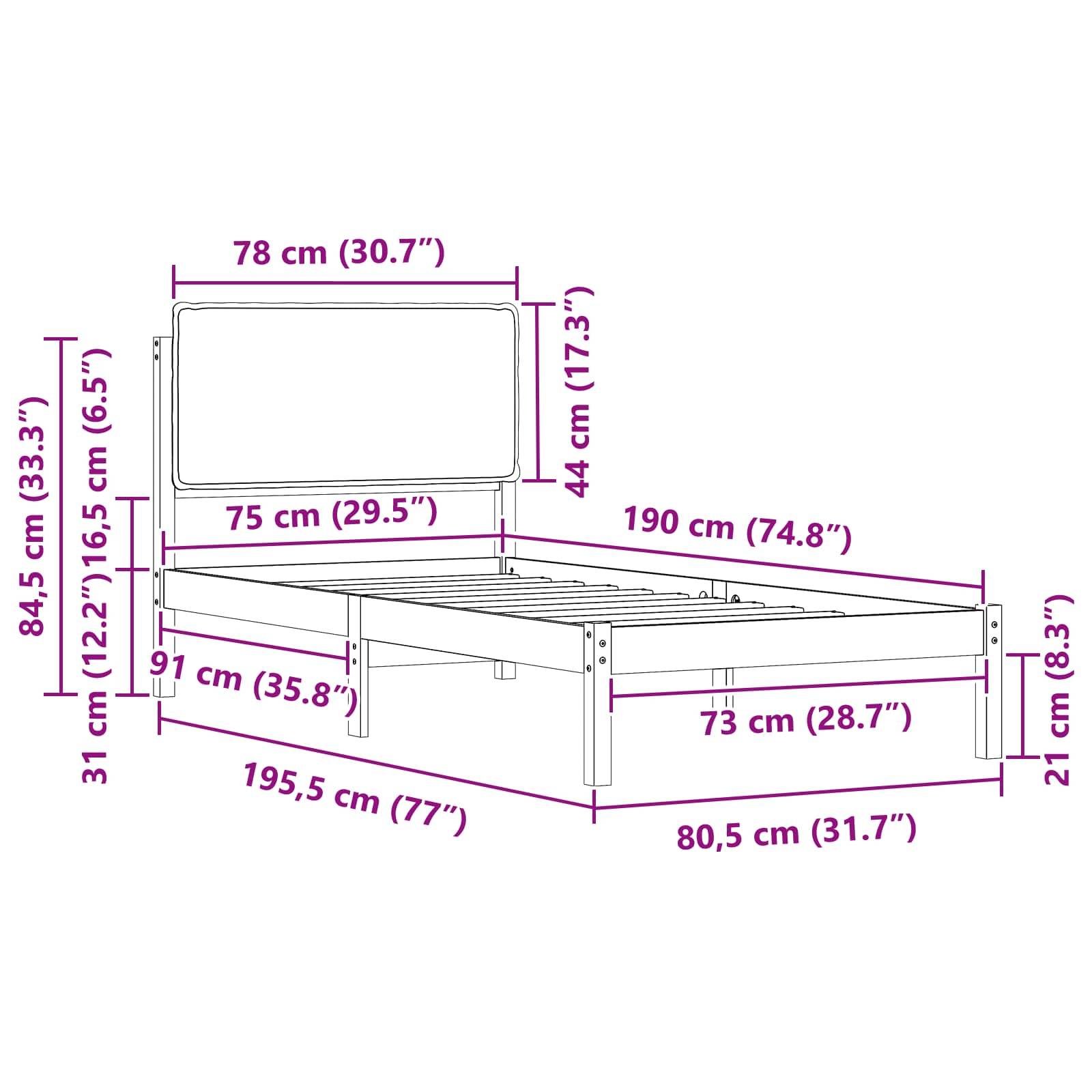 Ein Bettrahmen-Diagramm mit Maßen: Höhe 84,5 cm, Breite 195,5 cm, Tiefe 91 cm. Matratzenbereich: 190 cm x 75 cm.
