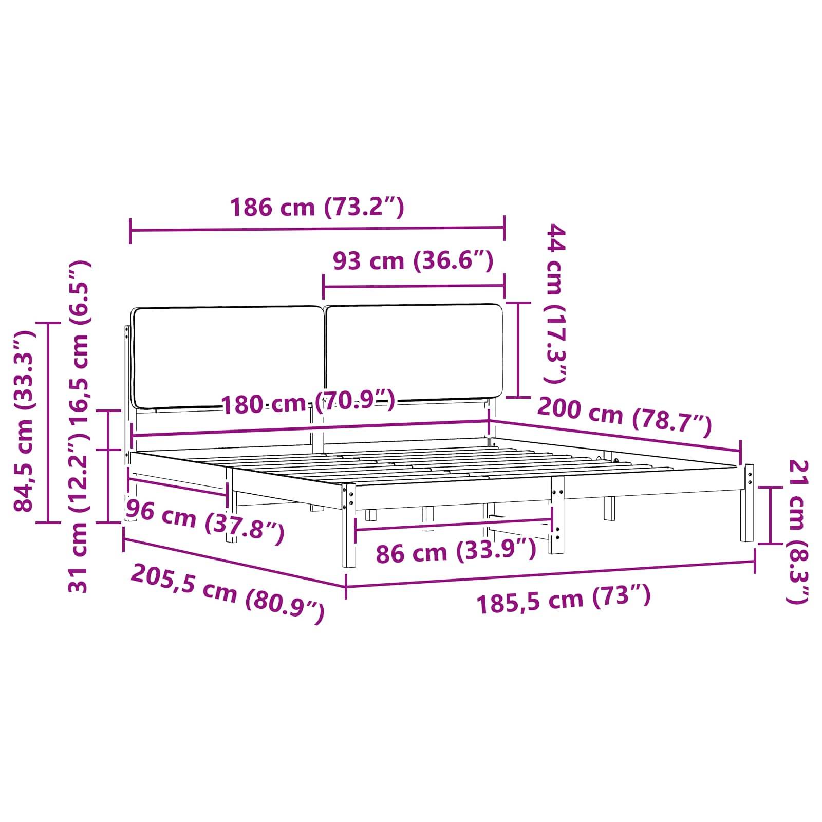 Abmessungen eines Bettgestells: 186 cm (73,2