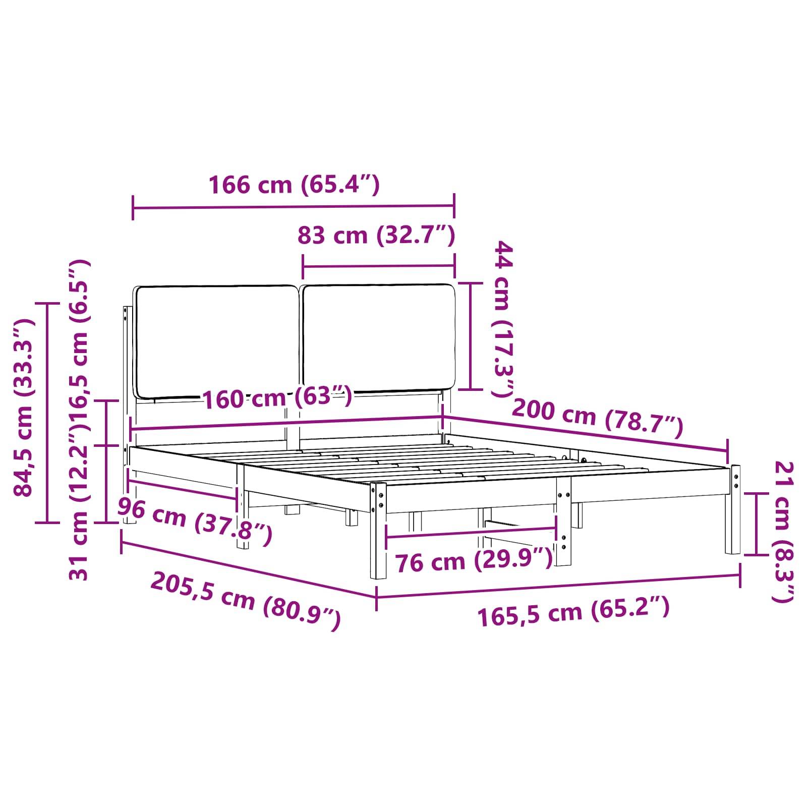 Diagramm eines Bettgestells mit Maßen: Länge 200 cm, Breite 166 cm, Höhe des Kopfteils 84,5 cm und Höhe des Fußteils 21 cm.