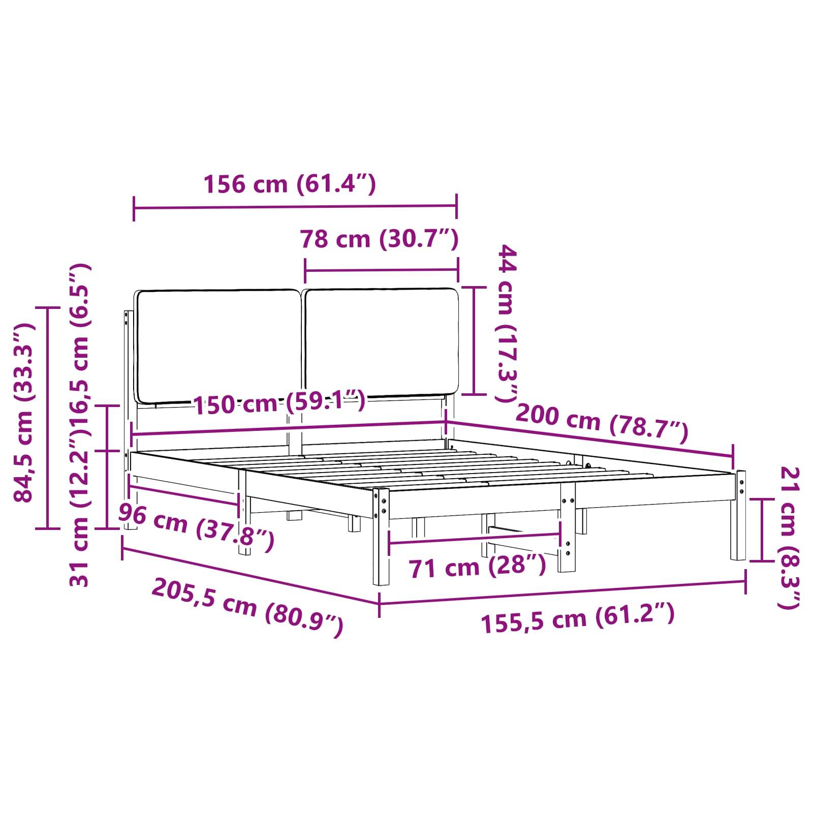 Illustration eines Bettgestells mit Maßen: 156 cm breit, 200 cm lang, 84,5 cm Kopfteilhöhe, 31 cm Rahmenhöhe.