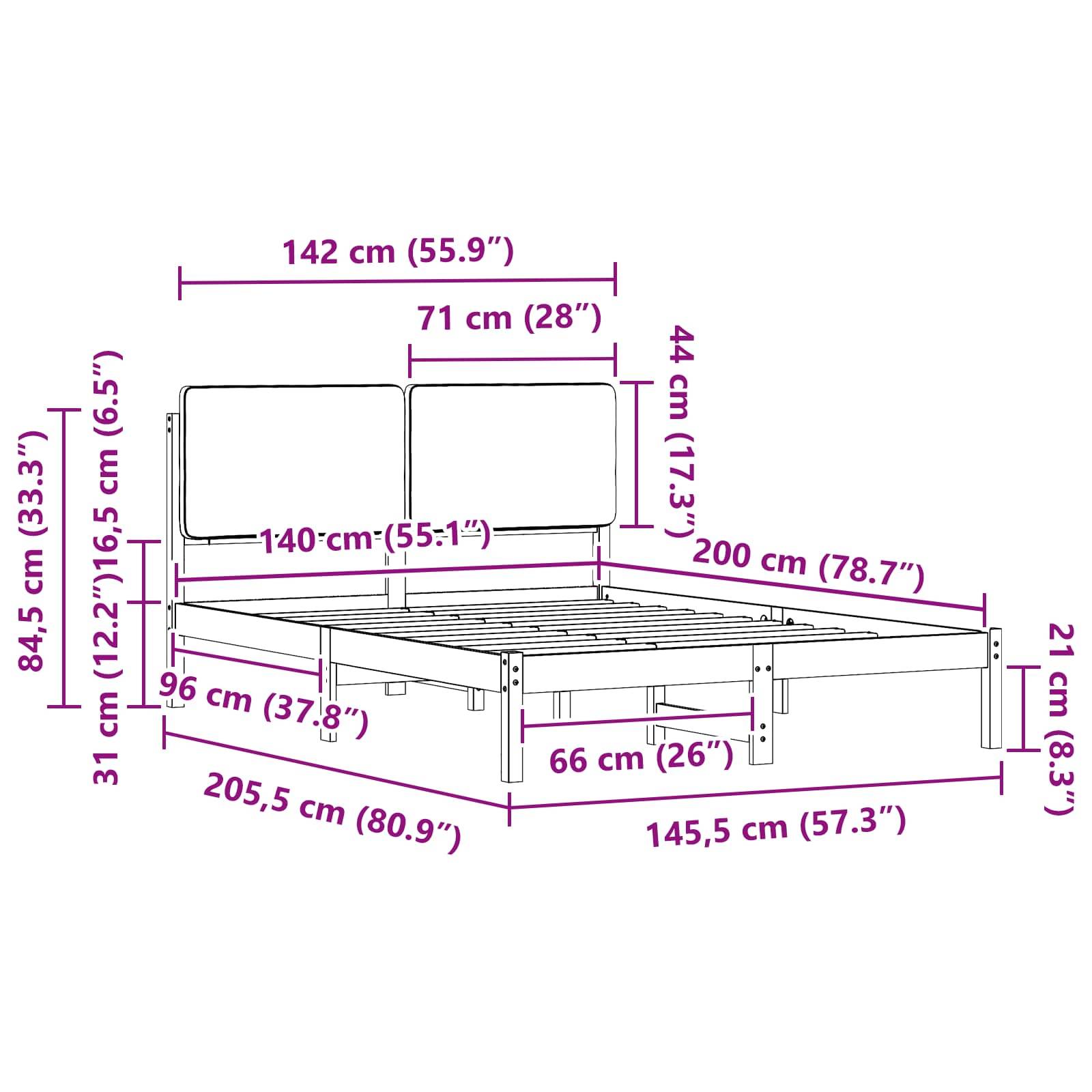Diagramm eines Metallbettgestells mit beschrifteten Abmessungen: Länge 200 cm, Breite 142 cm, Höhe 84,5 cm; enthält Messungen für Lattenrost und Kopfteil.