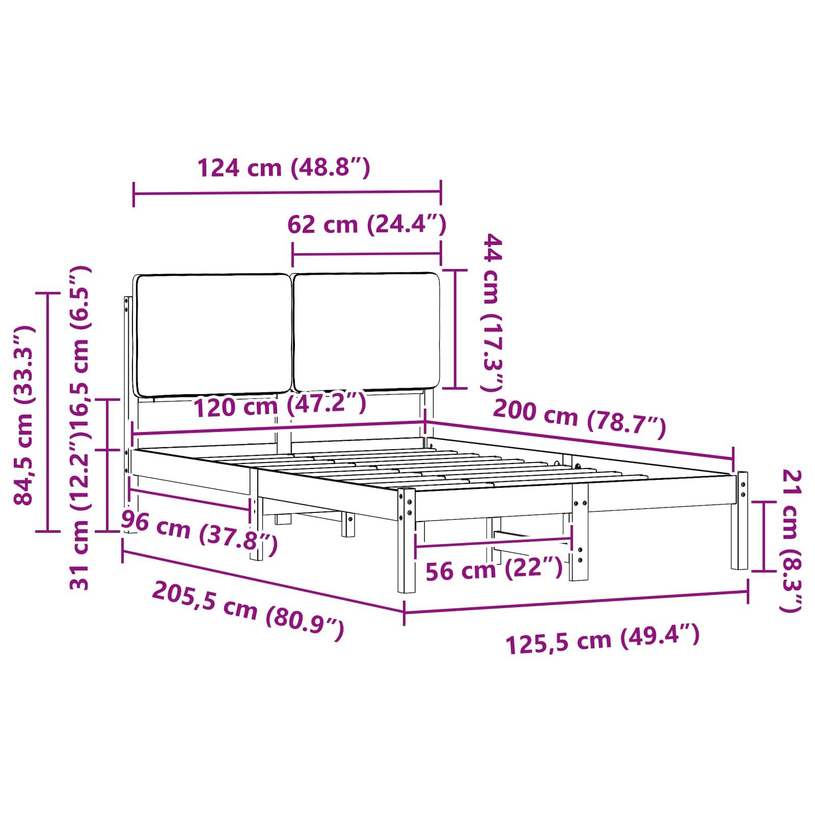 Darstellung eines Bettgestells mit Maßen: 124 cm Breite, 205,5 cm Länge, 94,5 cm Höhe mit Kopfteil. Detaillierte Maßangaben in rosa Text.