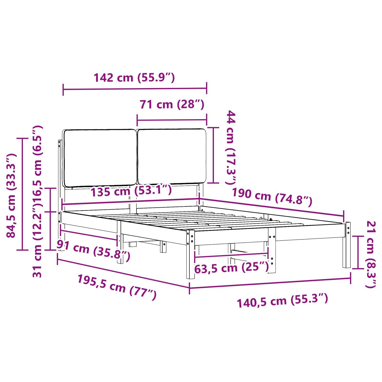 Maßskizze eines Bettgestells mit Abmessungen: Breite 142 cm, Länge 191,5 cm, Kopfteilhöhe 84,5 cm und Rahmenhöhe 44 cm.