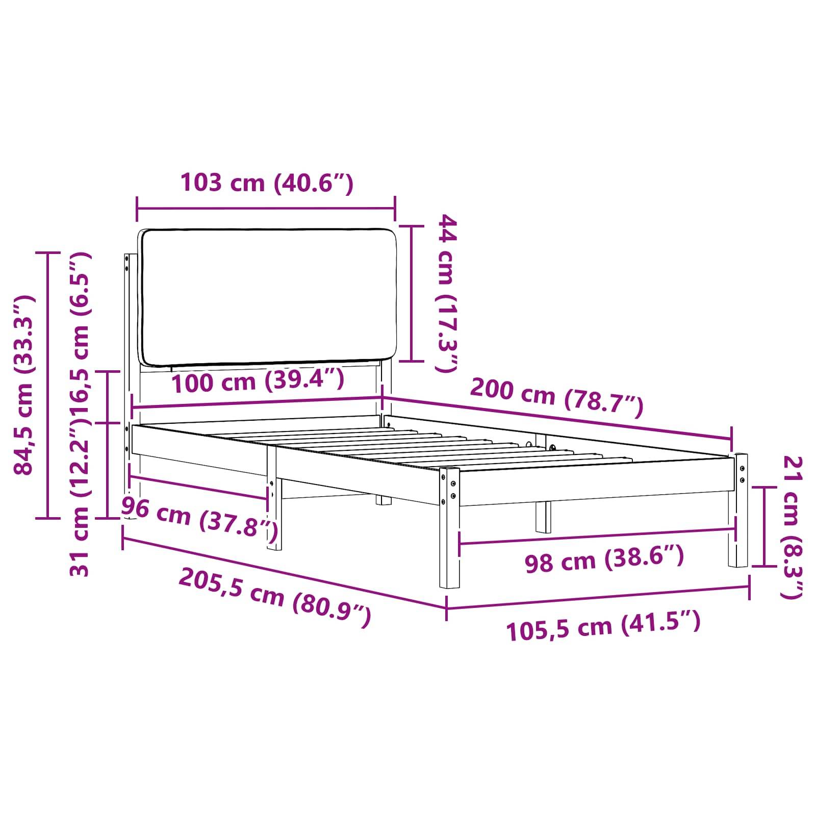 Bettrahmen-Schematische Zeichnung mit Maßen: Länge 205 cm, Breite 105,5 cm, Höhe 84,5 cm. Kopfteil 44 cm hoch; Lattenrost 31 cm hoch.