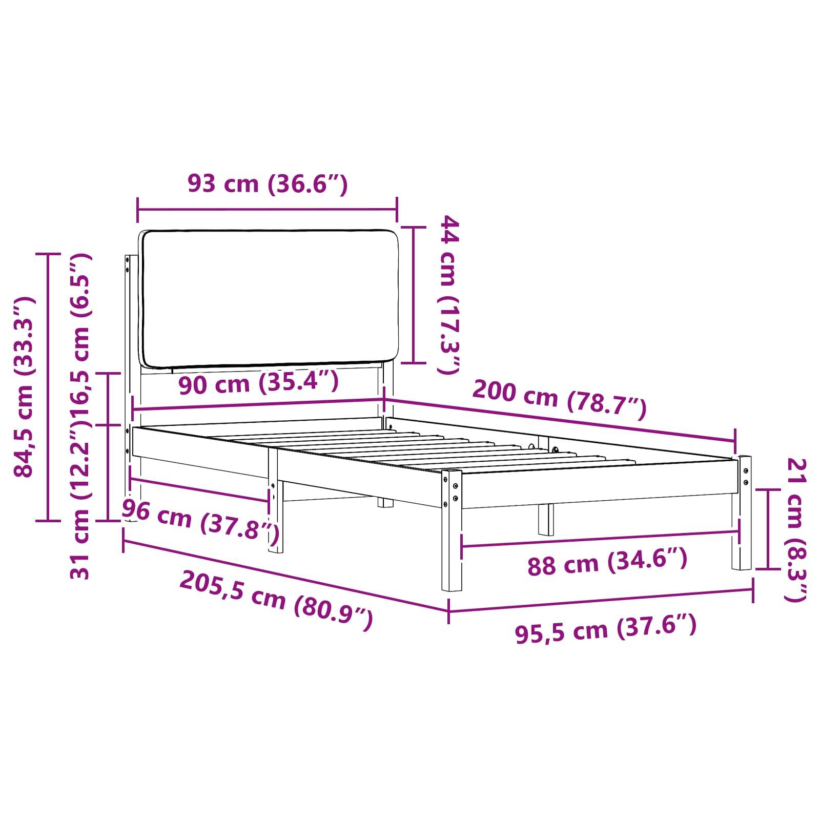 Bettrahmenabmessungen: Höhe 84,5 cm (33,3