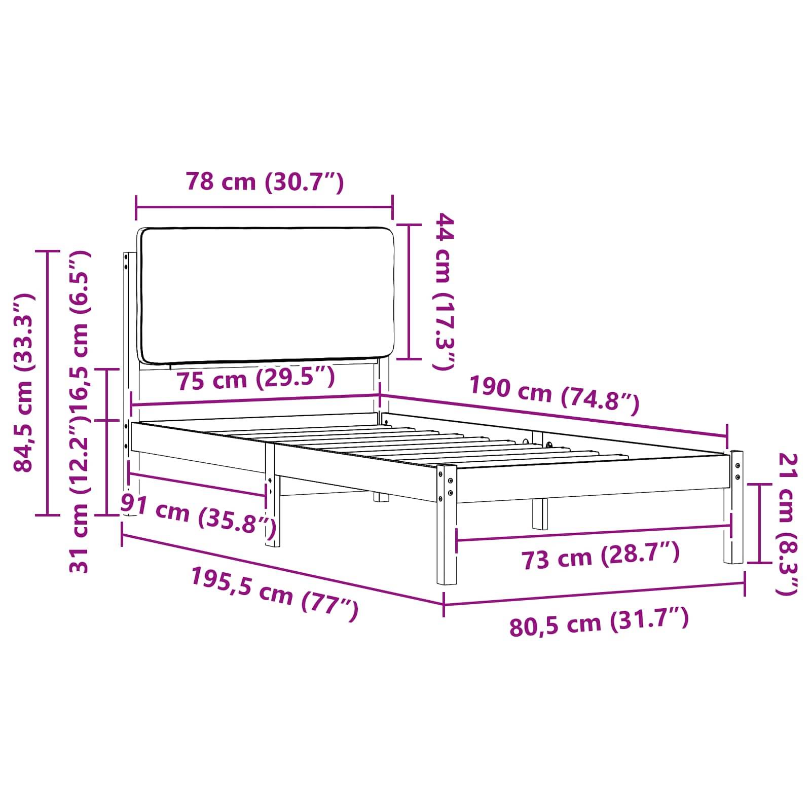 Bettrahmen-Diagramm mit detaillierten Maßangaben: Länge 195,5 cm, Breite 190 cm, Kopfteilhöhe 84,5 cm, Fußhöhe 21 cm.