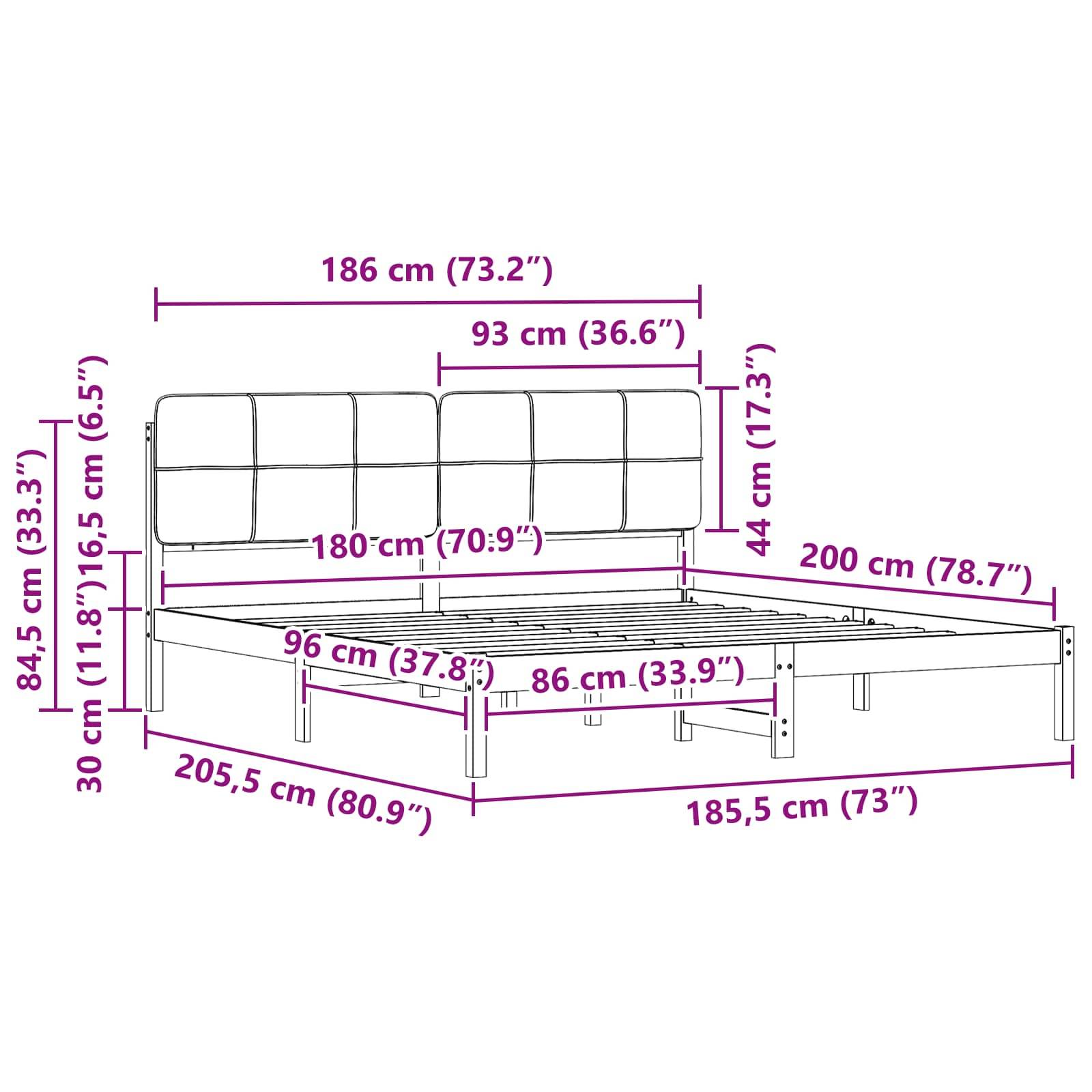Abmessungen des Bettgestells: Höhe 84,5 cm, Breite 186 cm, Tiefe 205,5 cm. Kopfteil 93 cm breit, Plattformhöhe 30 cm.