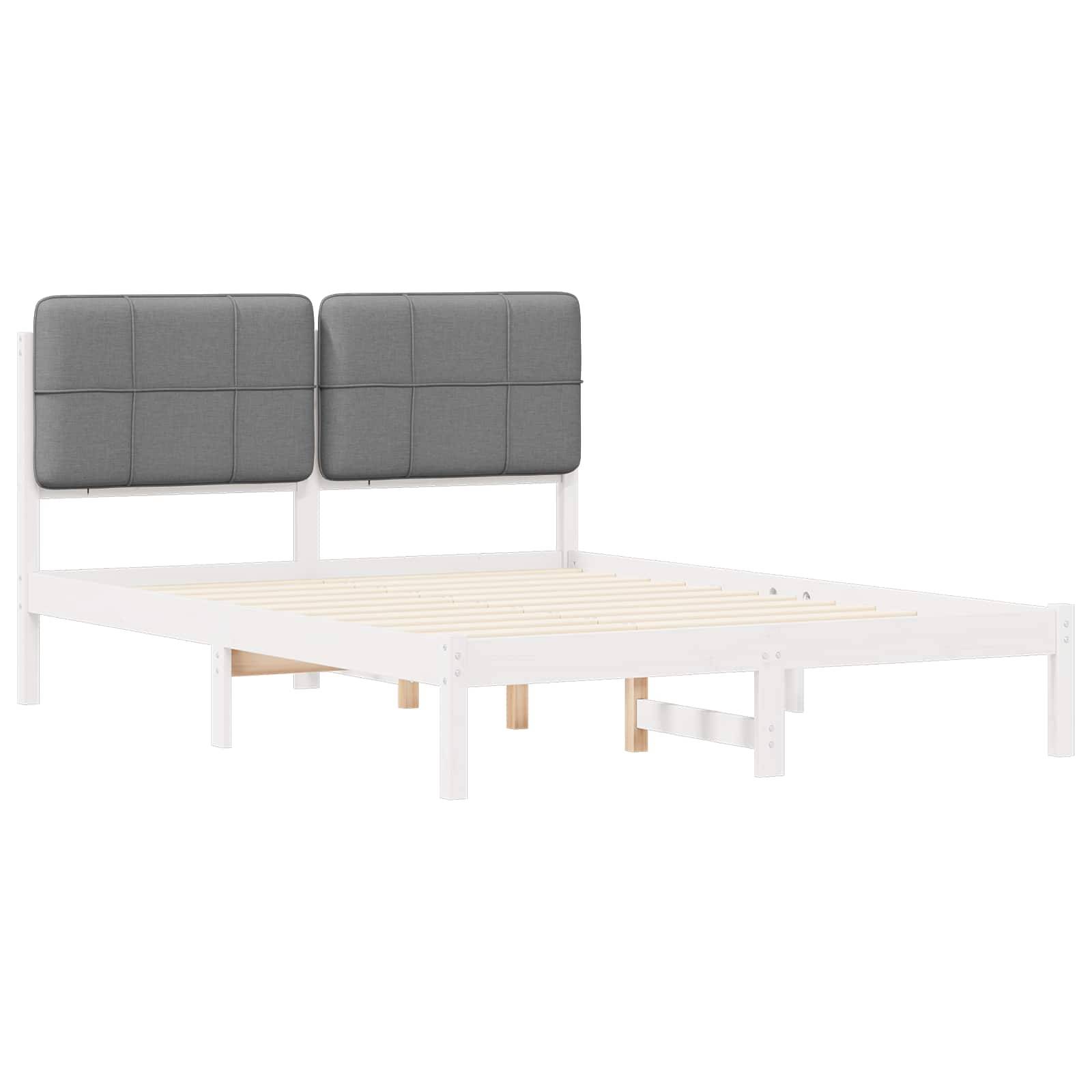 Weißer Holzbettrahmen mit zwei grauen gepolsterten Kopfteilen und Lattenrost, dargestellt ohne Matratze. Einfaches, modernes Design.