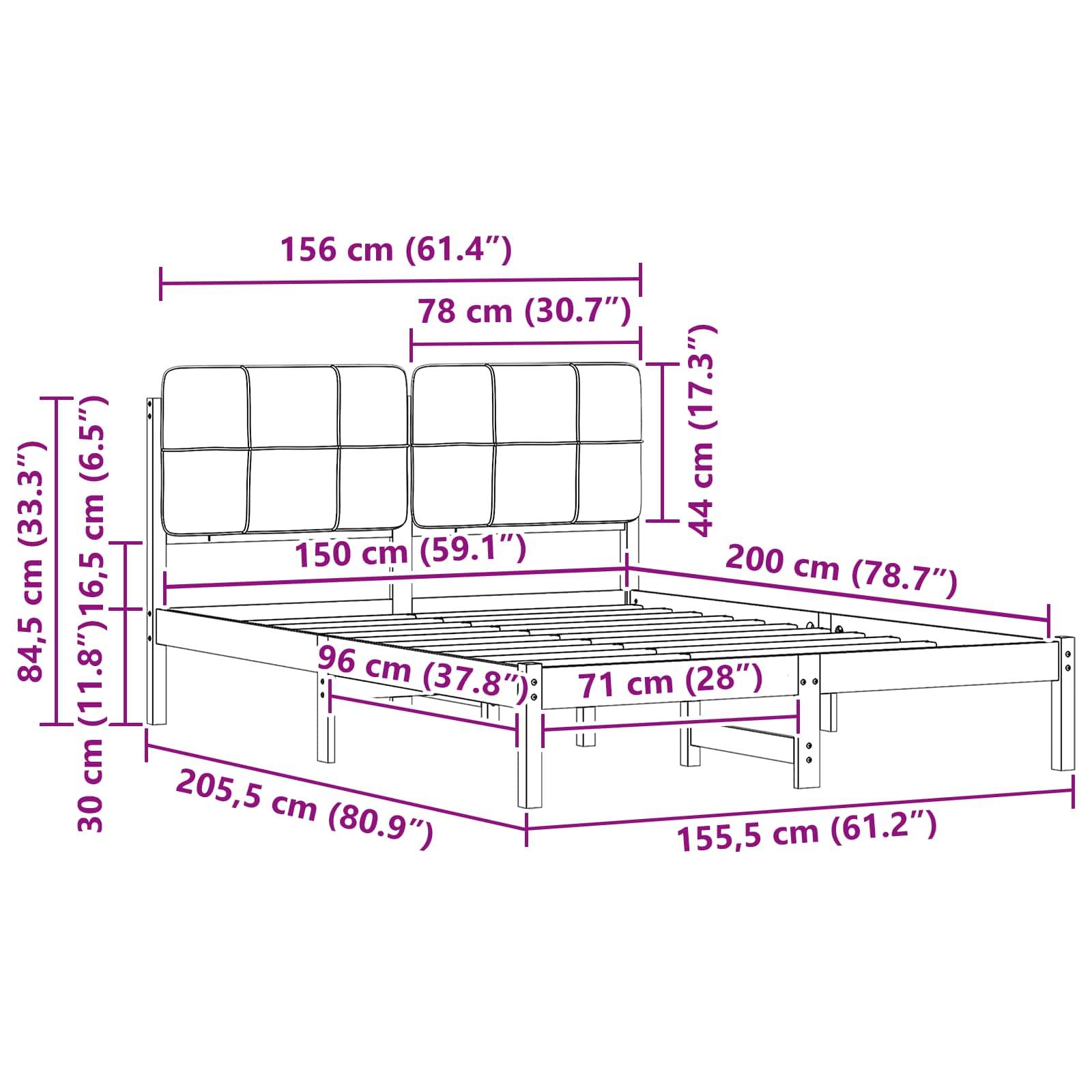 Ein Bettrahmen-Diagramm mit Abmessungen, die in Zentimetern und Zoll beschriftet sind, einschließlich Breiten-, Höhen- und Tiefenmessungen für verschiedene Teile.