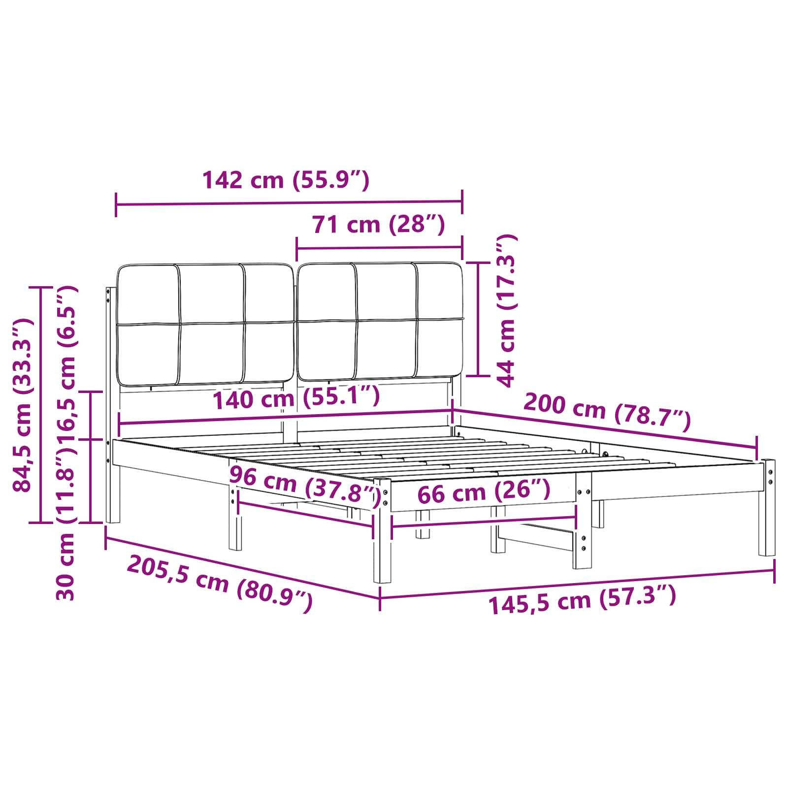 Bettdiagramm mit Abmessungen in Zentimetern und Zoll. Enthält Höhen-, Breiten- und Tiefenmessungen verschiedener Teile.