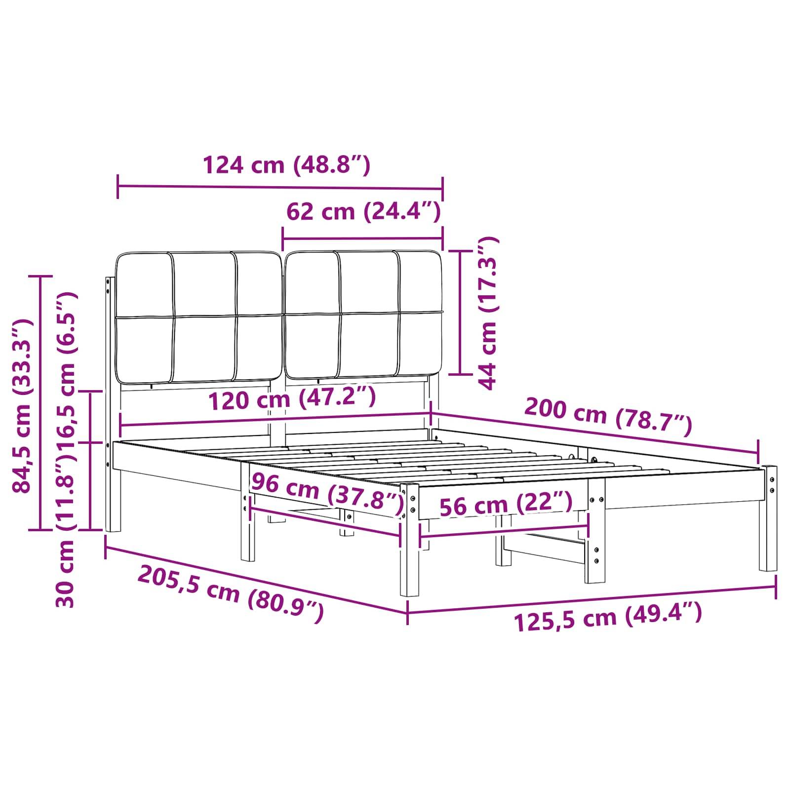 Darstellung eines Bettgestells mit Abmessungen: 124 cm breit, 200 cm lang und 84,5 cm hoch mit detaillierten Maßangaben in Zentimetern und Zoll.