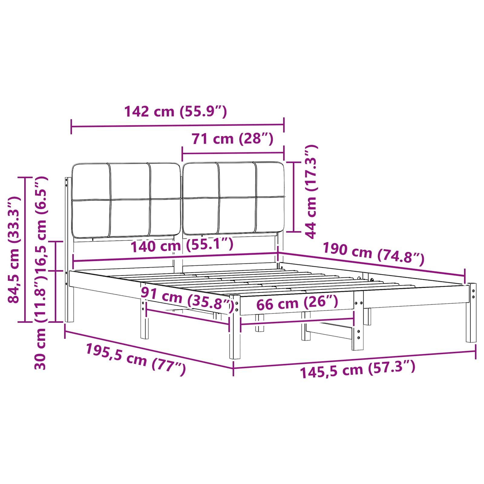 Darstellung eines Bettgestells mit Maßen: Kopfteil 84,5 cm hoch, 195,5 cm Länge, 142 cm Breite. Matratzenplatz misst 190 cm x 140 cm.