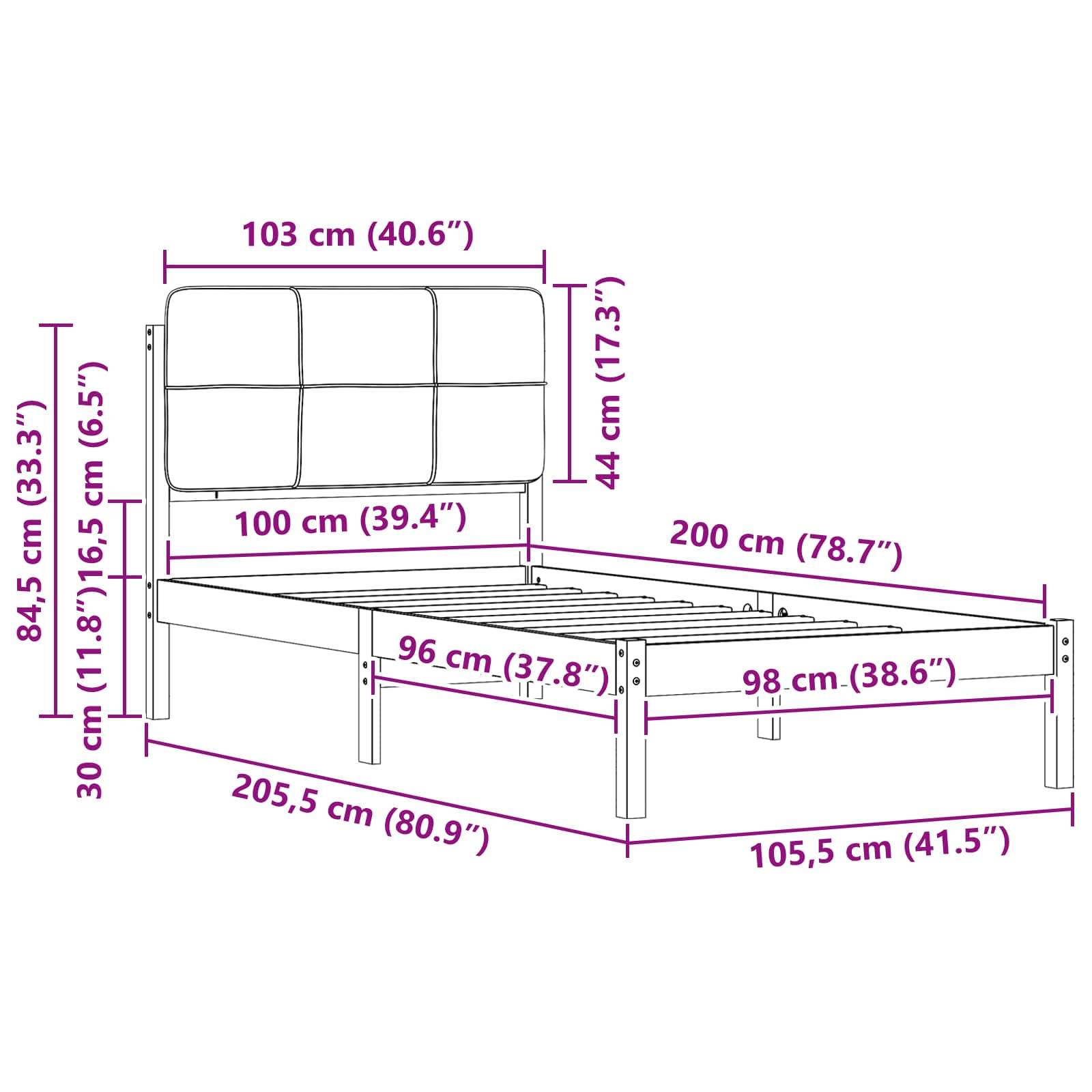 Diagramm eines Bettgestells mit Maßen: Höhe 84,5 cm, Breite 103 cm, Kopfteil 44 cm, Länge 205,5 cm. Plattform ist 30 cm hoch.