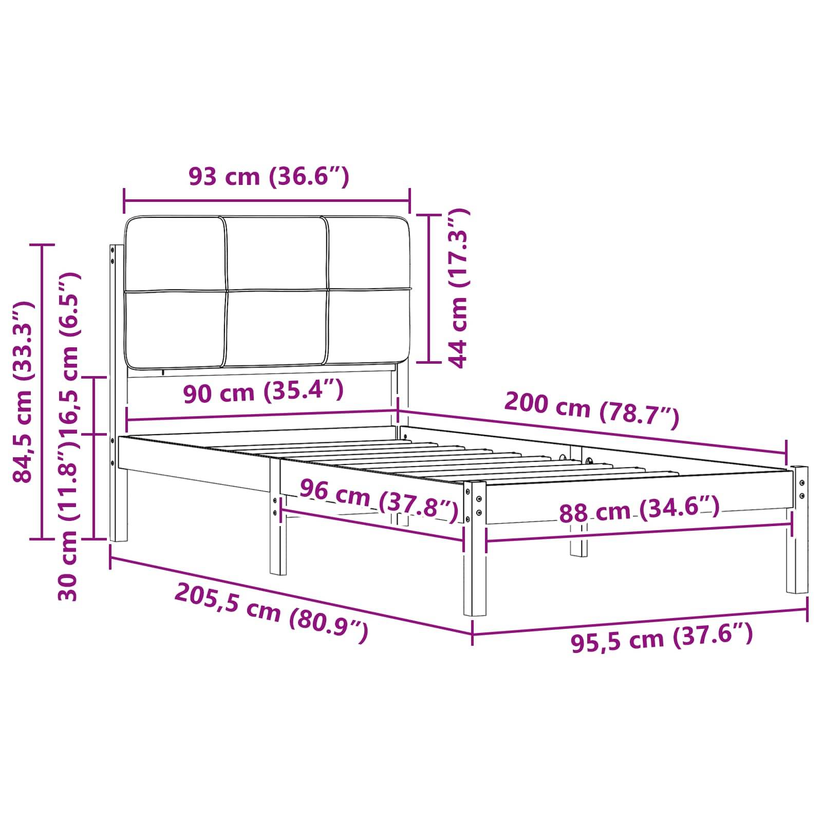 vidaXL Bettgestell mit gepolstertem Kopfteil Schwarz 90 x 200 cm
