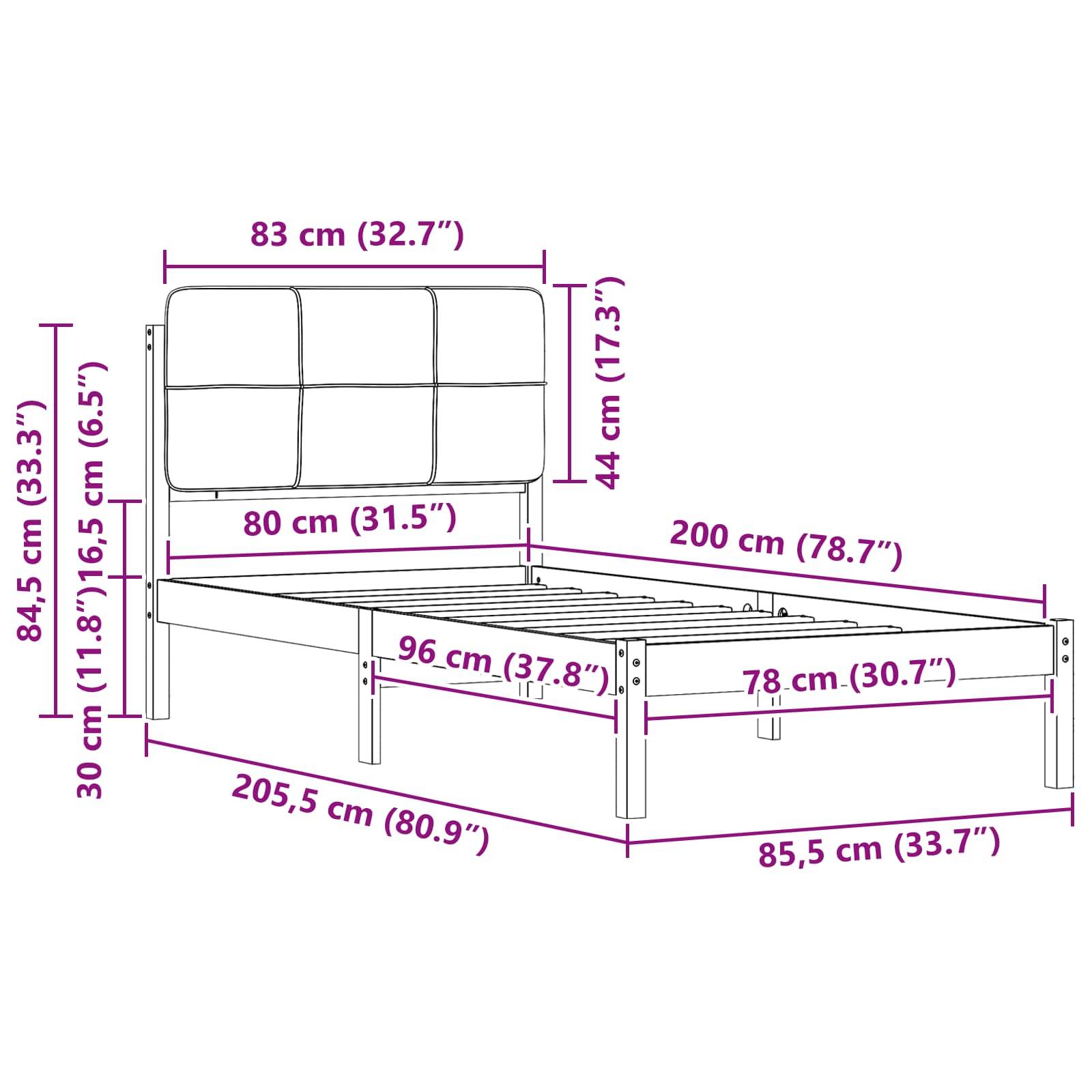 Die Abmessungen eines Bettgestells sind wie folgt gekennzeichnet: Breite des Kopfteils 83 cm (32,7