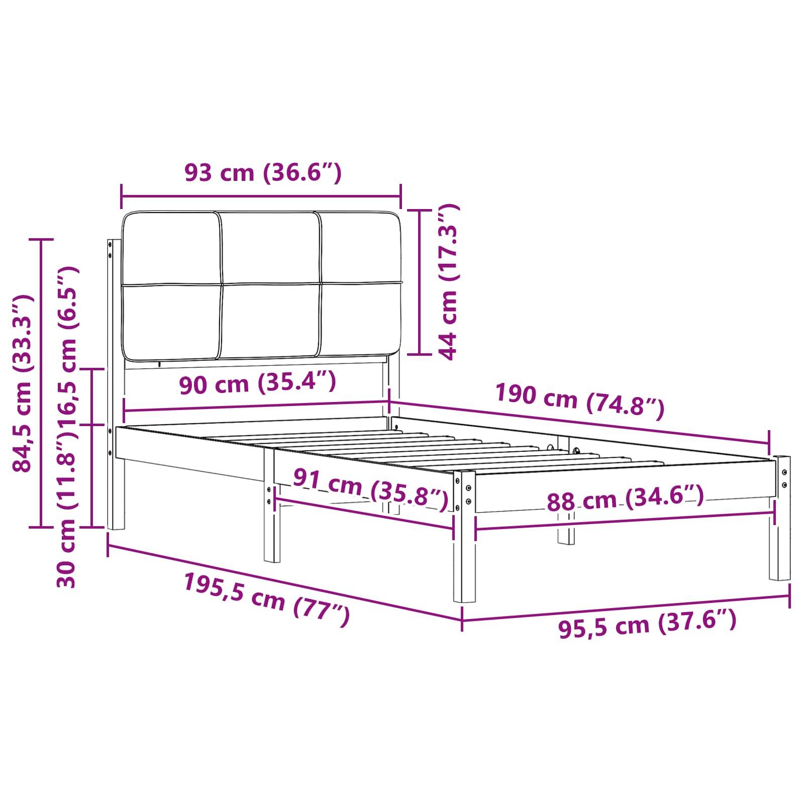 Diagramm eines Bettgestells mit Abmessungen, die in Zentimetern und Zoll beschriftet sind. Hauptbreite 90 cm (35,4