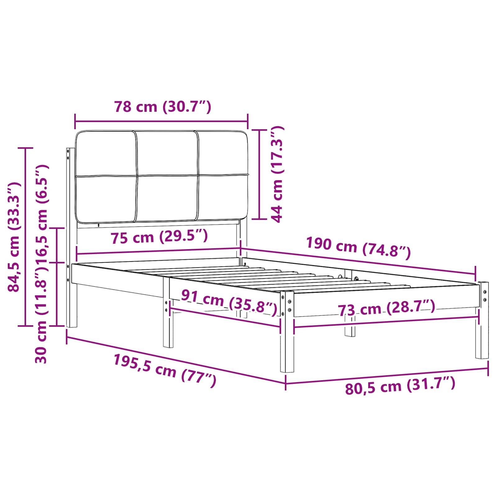 Maße des Bettgestells: Breite 195,5 cm, Höhe 84,5 cm, Länge 190 cm. Matratzenbereich: 190 cm mal 75 cm. Verschiedene zusätzliche Maße angegeben.
