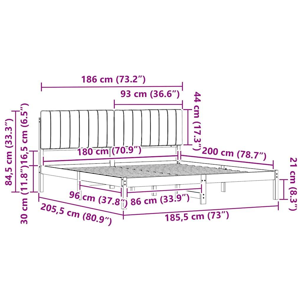 Bettrahmen-Abmessungen: Breite 186 cm, Länge 205,5 cm, Höhe 84,5 cm. Matratzenplatz: 180 x 200 cm. Zoll werden ebenfalls angegeben.