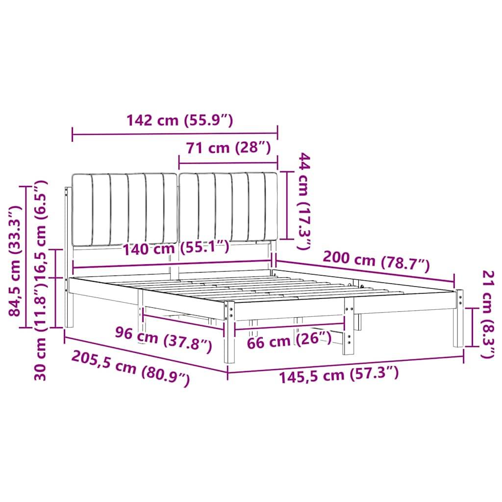 Das Bild zeigt ein Bett mit folgenden Maßen: Breite 142 cm (55,9