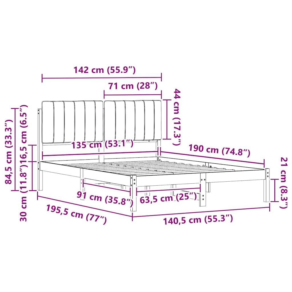 Eine Skizze eines Bettes mit beschrifteten Abmessungen: Breite 142 cm, Höhe 84,5 cm, Länge 190 cm. Zusätzliche Maße zeigen Details des Rahmens und des Kopfteils.