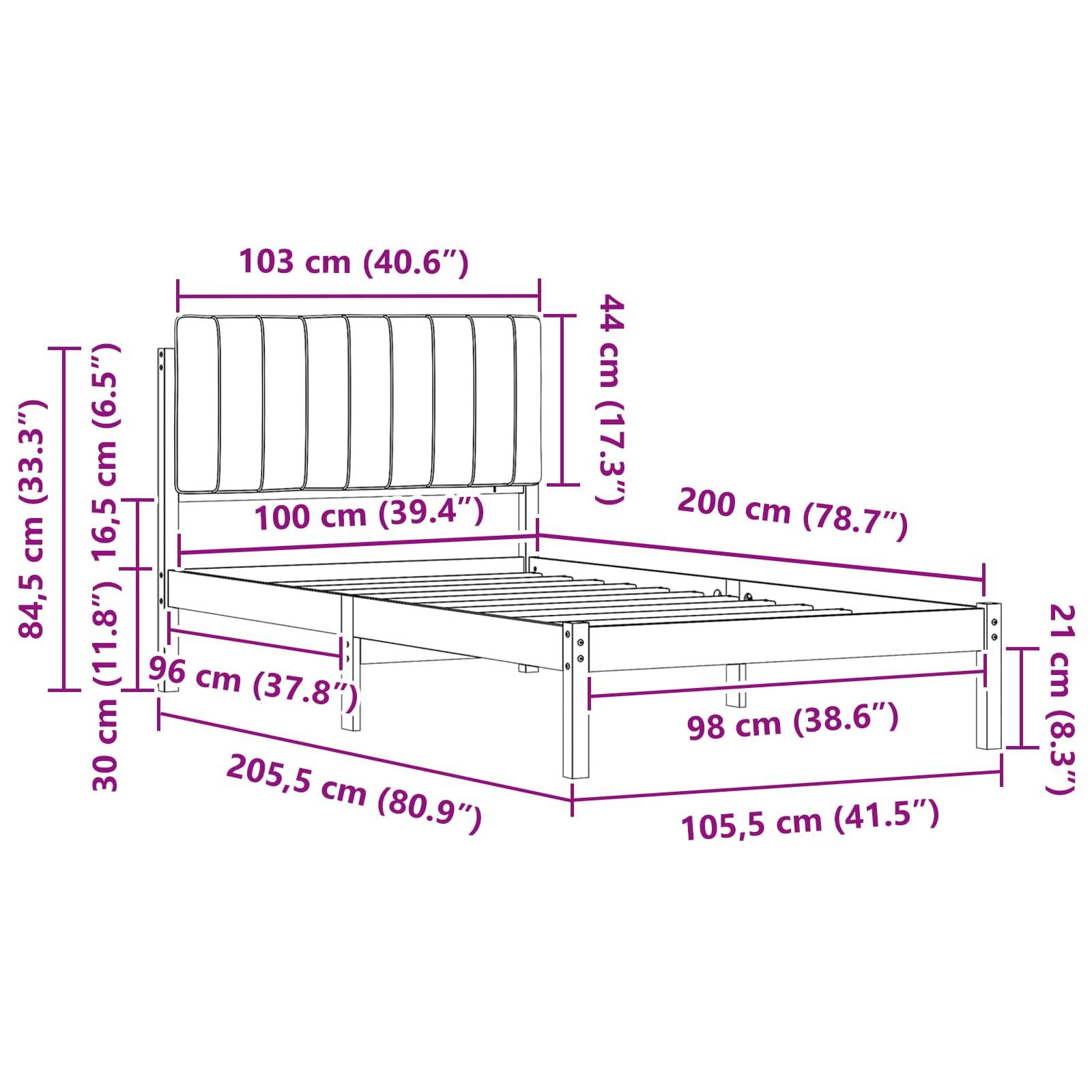Diagramm eines Bettgestells mit Abmessungen: Höhe 84,5 cm, Breite 103 cm, Länge 205,5 cm; Matratzenbereich 100 cm x 200 cm.