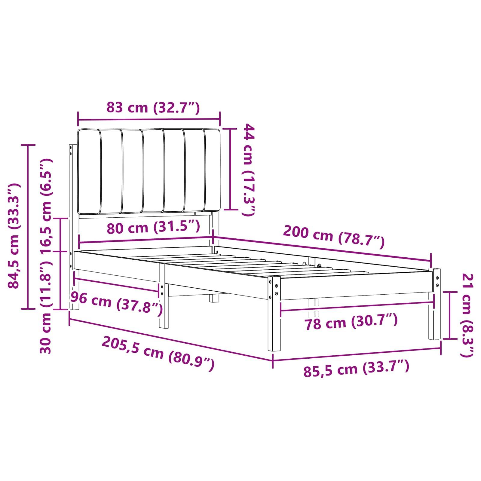Illustration eines Bettgestells mit Maßen: Breite 96 cm, Länge 205,5 cm, Höhe des Kopfteils 84,5 cm und Betthöhe 30 cm.