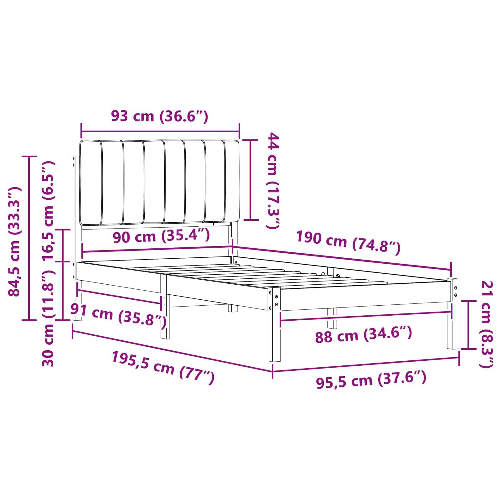 Diagramm eines Bettgestells mit Maßen: Kopfteilhöhe 84,5 cm, Rahmenhöhe 30 cm, Breite 90 cm und Länge 195,5 cm.