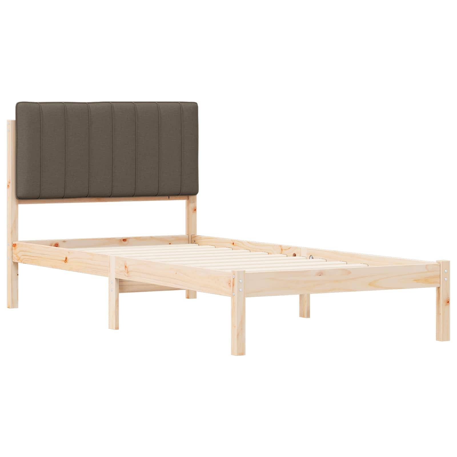 Holzbettrahmen mit gepolstertem Kopfteil in dunklem Stoff. Der Rahmen zeichnet sich durch ein einfaches, minimalistisches Design ohne Matratze aus.
