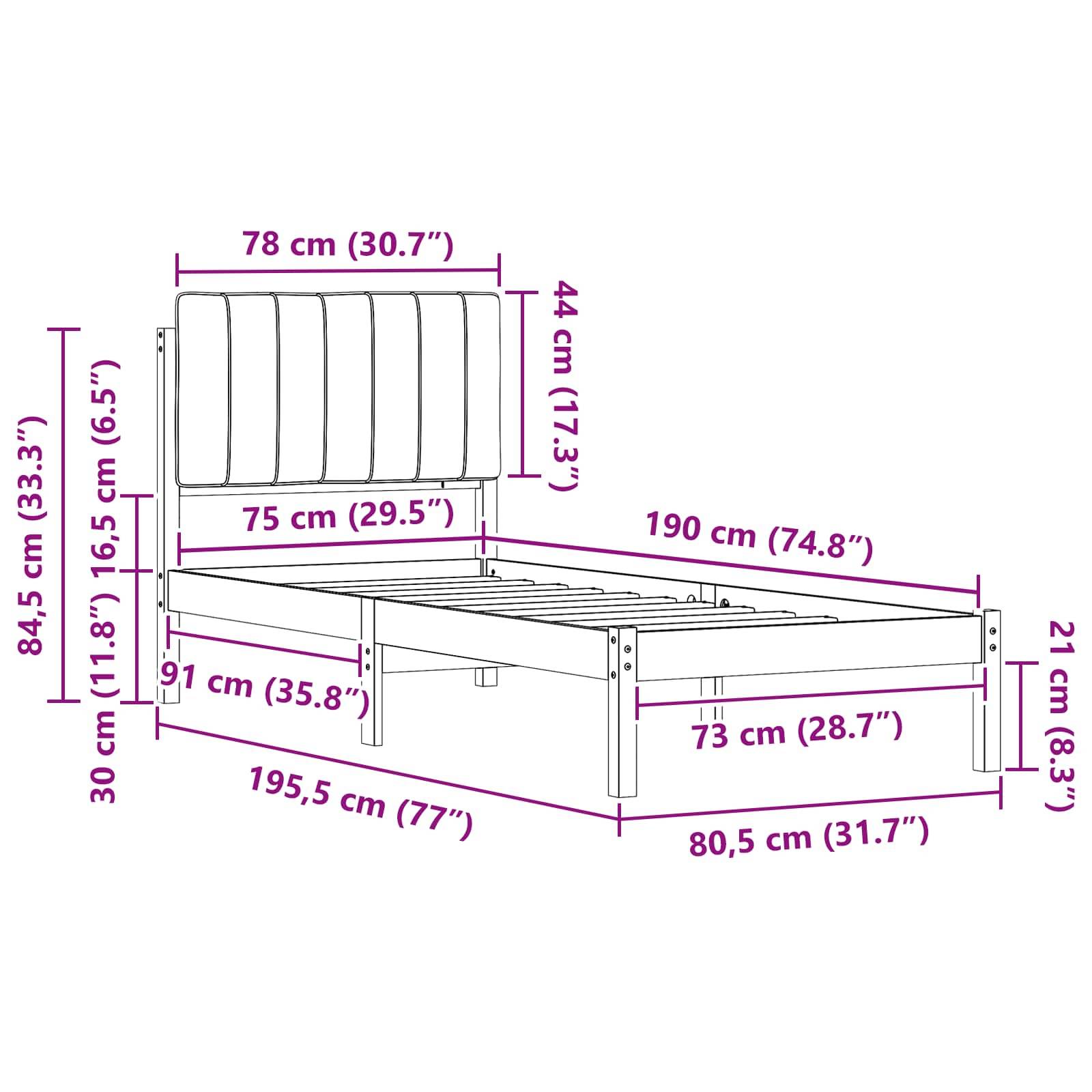 Illustrierte Bettrahmenabmessungen: Höhe des Kopfteils 84,5 cm, Breite 78 cm; Gesamtlänge 195,5 cm; Breite 91 cm an der breitesten Stelle. Verschiedene Teilgrößen dargestellt.