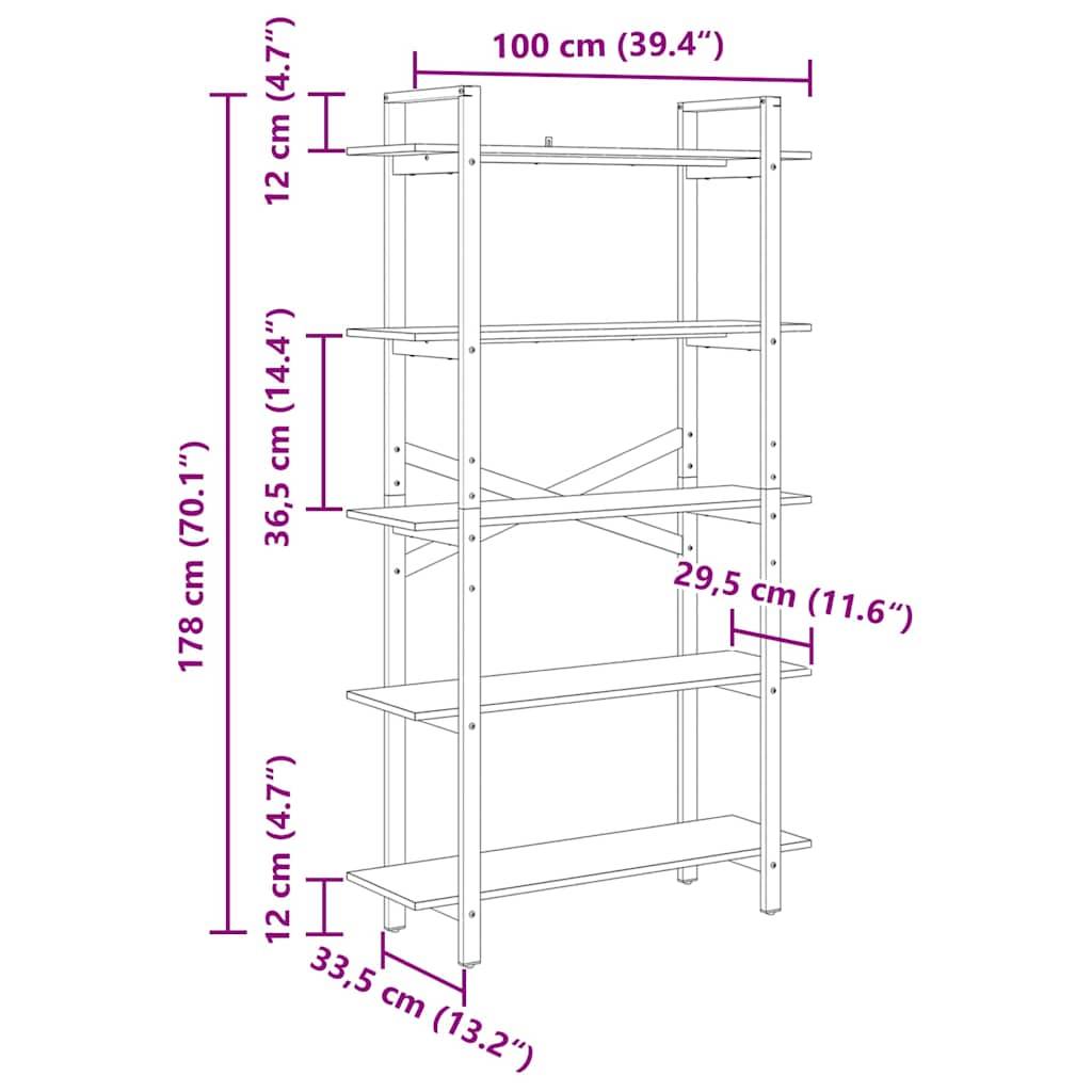 Diagramm eines fünfregligen Metallgestells mit Abmessungen: Höhe 178 cm, Breite 100 cm, Tiefe 33,5 cm. Regalhöhen sind beschriftet.