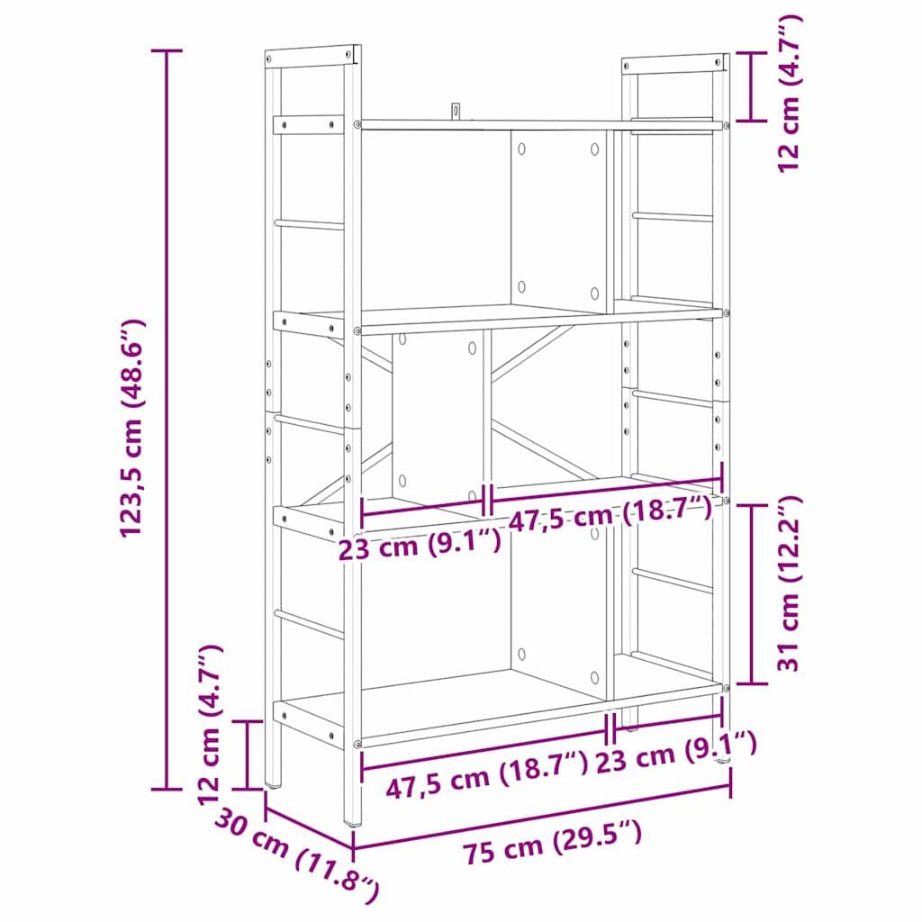 Diagramm eines modularen Regals mit sechs Fächern. Abmessungen: Höhe 123,5 cm, Breite 75 cm, Tiefe 30 cm. Beinhaltet Regalmaße.