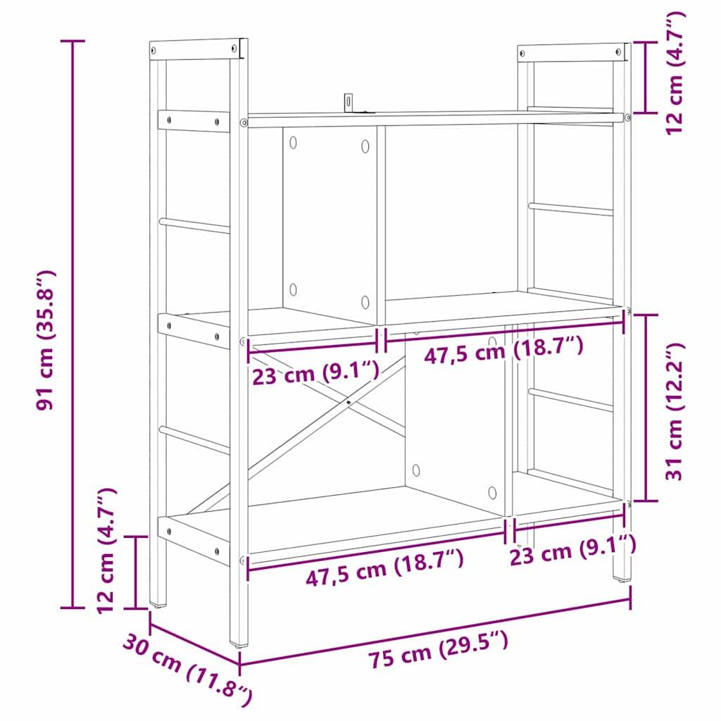 Diagramm eines dreistufigen Bücherregals mit Maßen: 91 cm hoch, 75 cm breit und 30 cm tief. Jedes Regal und jeder Abschnitt hat spezifische Abmessungen.
