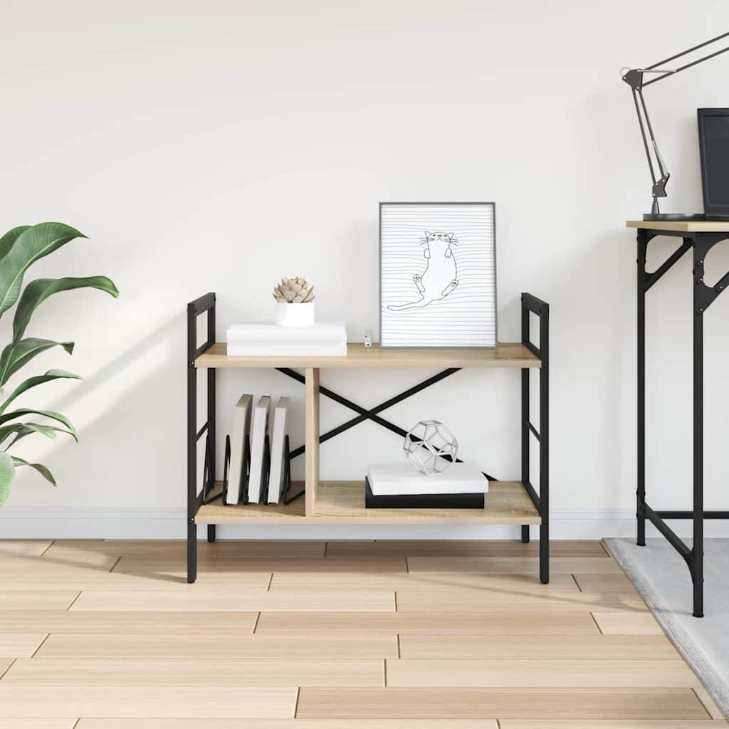 Minimalistisches Regal mit gerahmten Linienzeichnungen, Büchern und Dekoration in einem hellen Zimmer neben einem Schreibtisch und einer Pflanze.