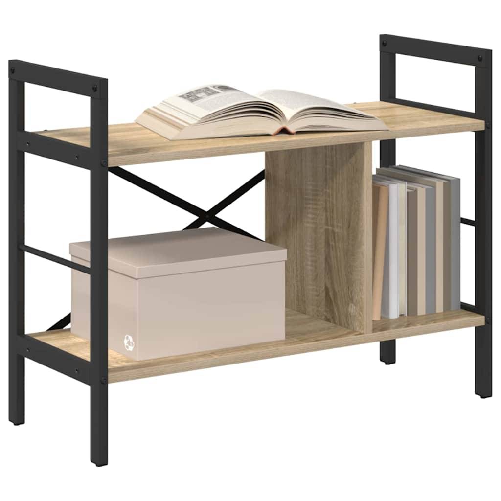 Regal aus Holz und schwarzem Metall mit einem aufgeschlagenen Buch oben, einer Aufbewahrungsbox auf dem unteren linken Regal und Büchern auf dem unteren rechten Regal.