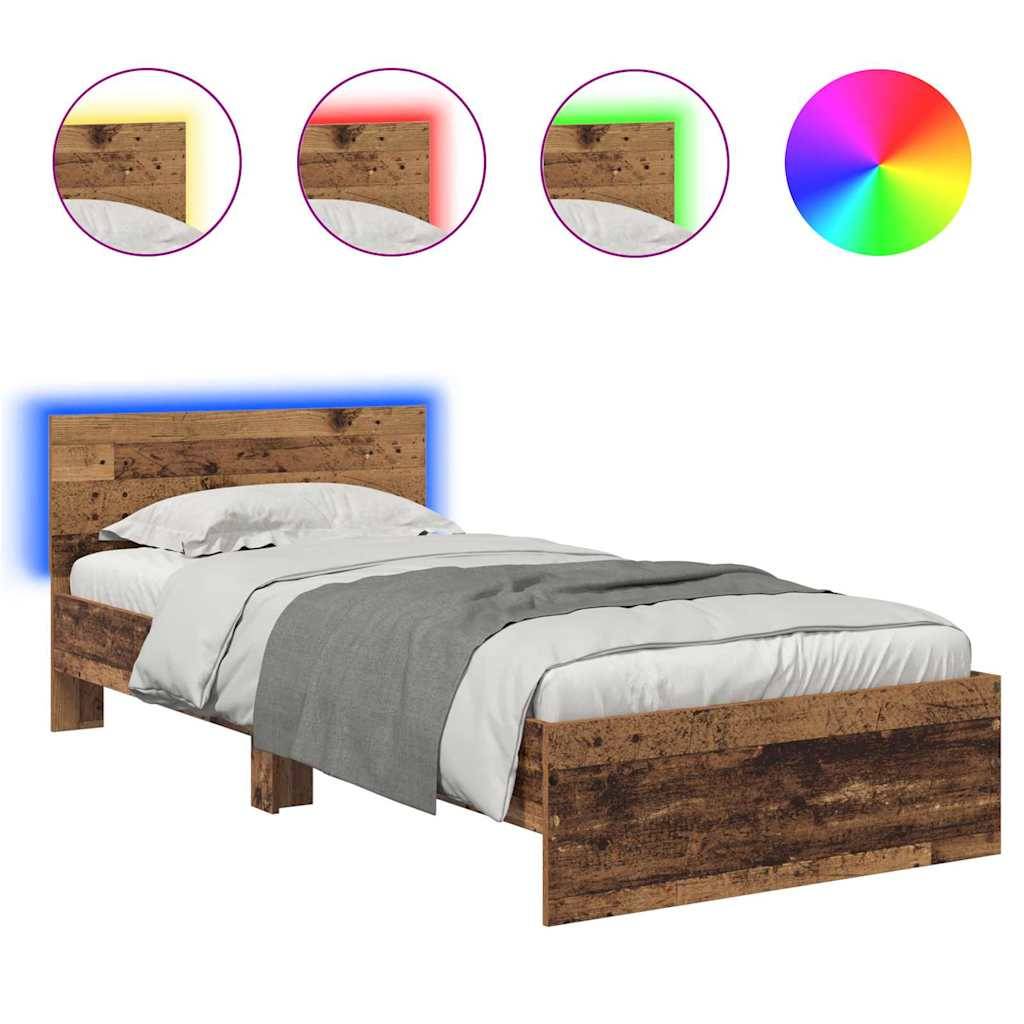 Ein Holzbett mit mehrfarbigen LED-Beleuchtungsoptionen, das oben gezeigt wird. Vier Beleuchtungsfarben werden angezeigt: blau, rot, gelb und ein Farbrad.