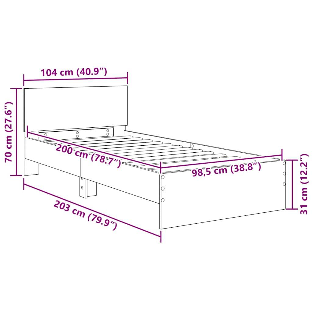 Darstellung eines Bettgestells mit Maßen: Länge 203 cm, Breite 104 cm, Höhe 70 cm. Innere Abmessungen: 200 cm x 98,5 cm.