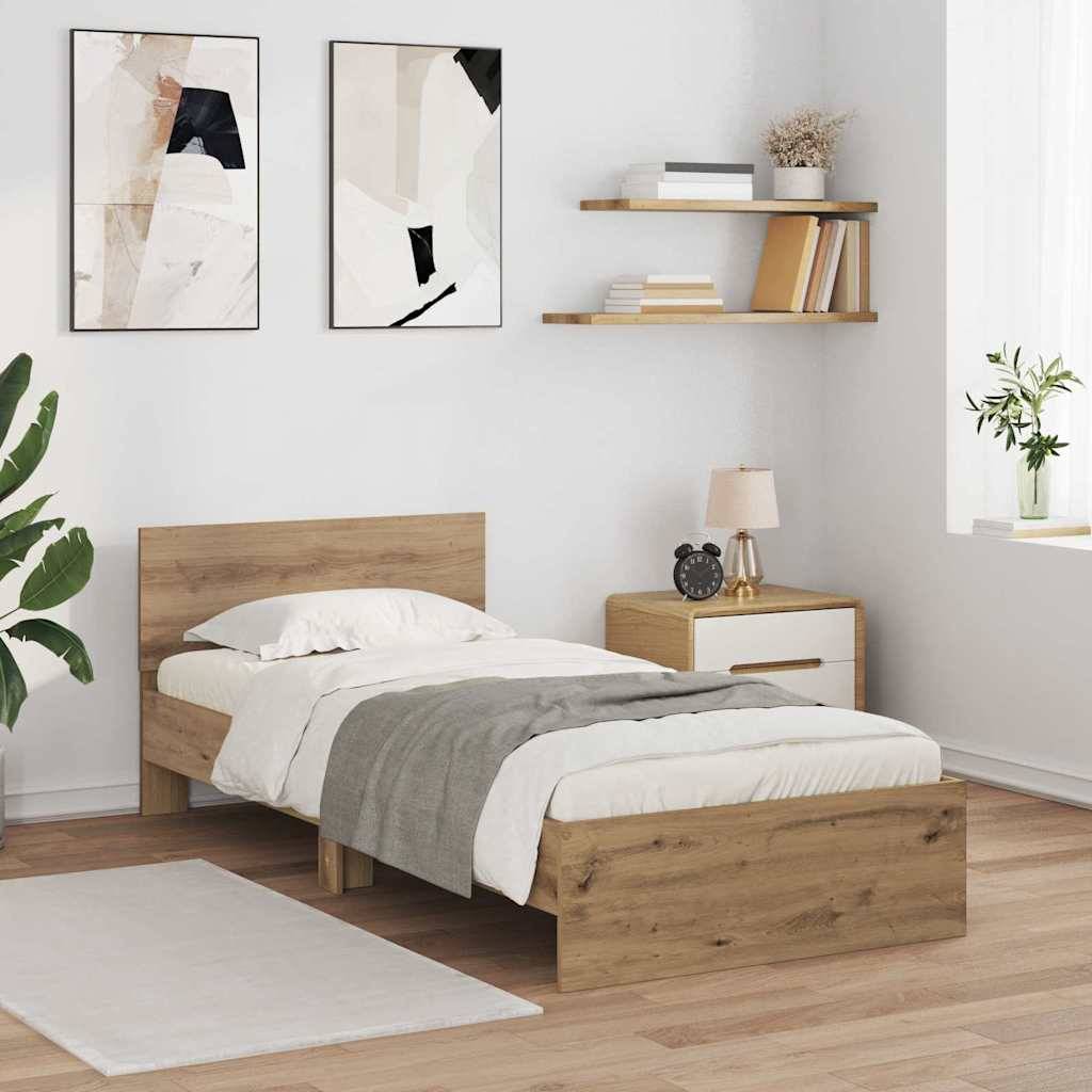 Ein modernes Schlafzimmer mit einem Holzbett, weißer Bettwäsche und grauer Decke. Minimale Dekoration umfasst abstrakte Kunst, schwebende Regale und eine Nachttischlampe. Natürliches Licht fällt durch ein Fenster herein.