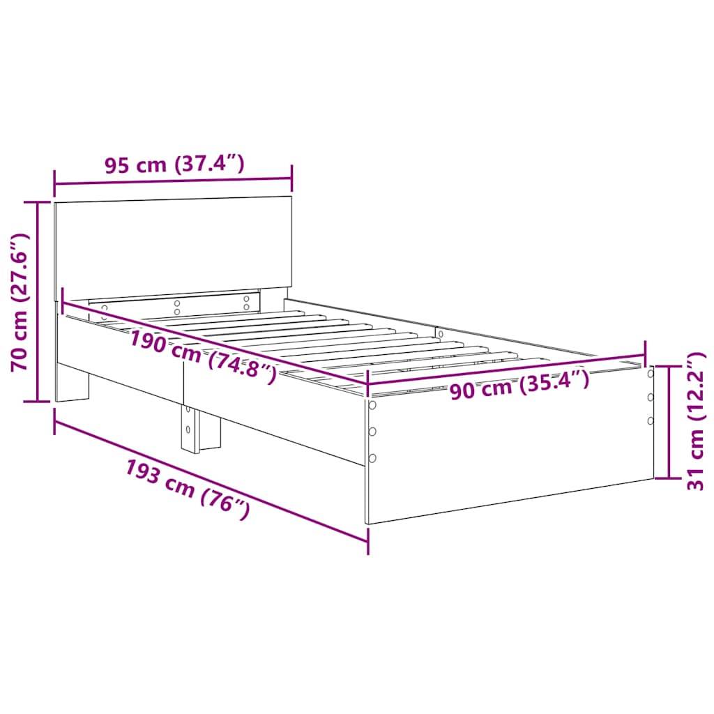 Darstellung eines Bettgestells mit Abmessungen: 193 cm lang, 95 cm breit, 70 cm Kopfteillhöhe und 31 cm Fußteillhöhe.