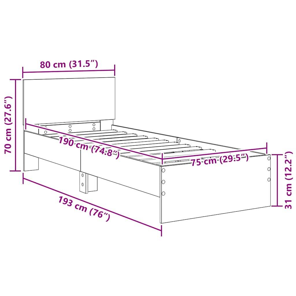 Maße eines Bettgestells in einem Diagramm: Länge 193 cm (76