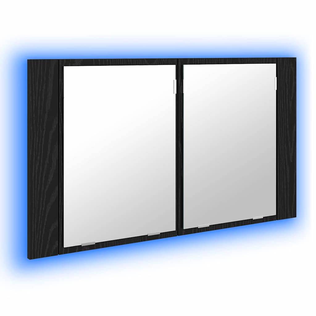 Ein wandmontierter Doppelspiegelschrank mit schwarzem Rahmen und sanfter blauer Hintergrundbeleuchtung, passend für moderne Badezimmereinrichtung.